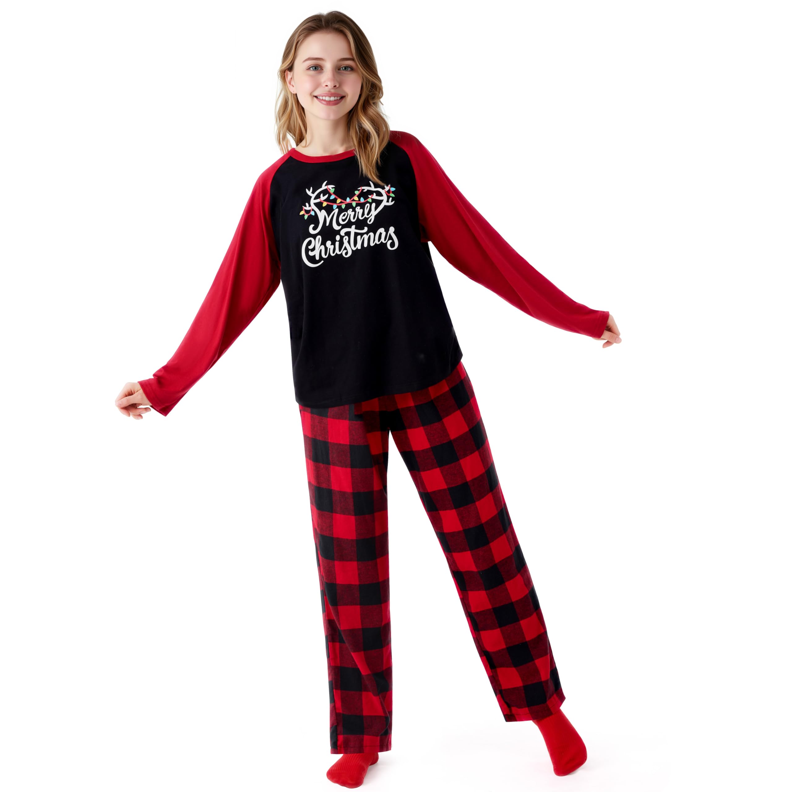 Giggling Getup Red Black Plaid Adult Womens Christmas Pajamas, Christmas Pajamas Women Set with Plaid Pajama Pants and Top, for Holiday Pajamas Party-L