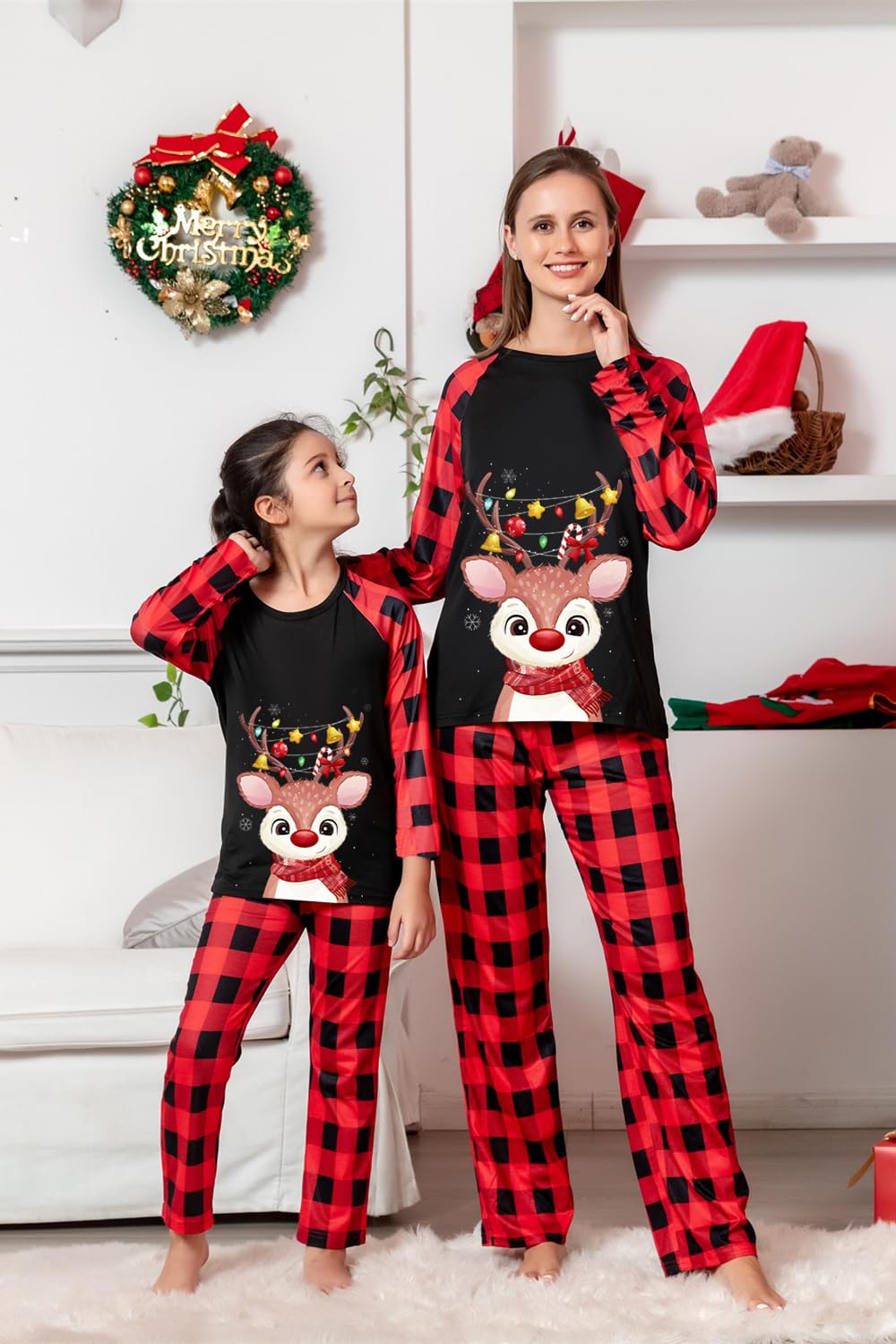 Umeyda Family Matching Christmas Pajamas, Holiday Pajama Sets for Family and Pets Scarf Pjs Xmas Outfits, Black Red Elk, One