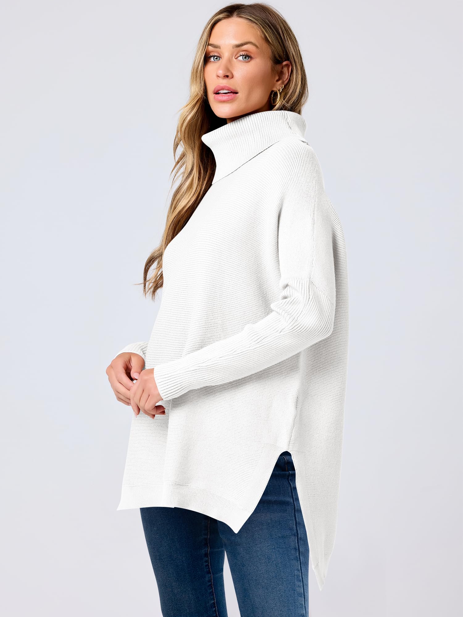 ANRABESS Women's Oversized Turtleneck Batwing Sleeve Spilt Casual Loose Knit Tunic Pullover Sweater Tops 2024 Fall Outfits White Medium