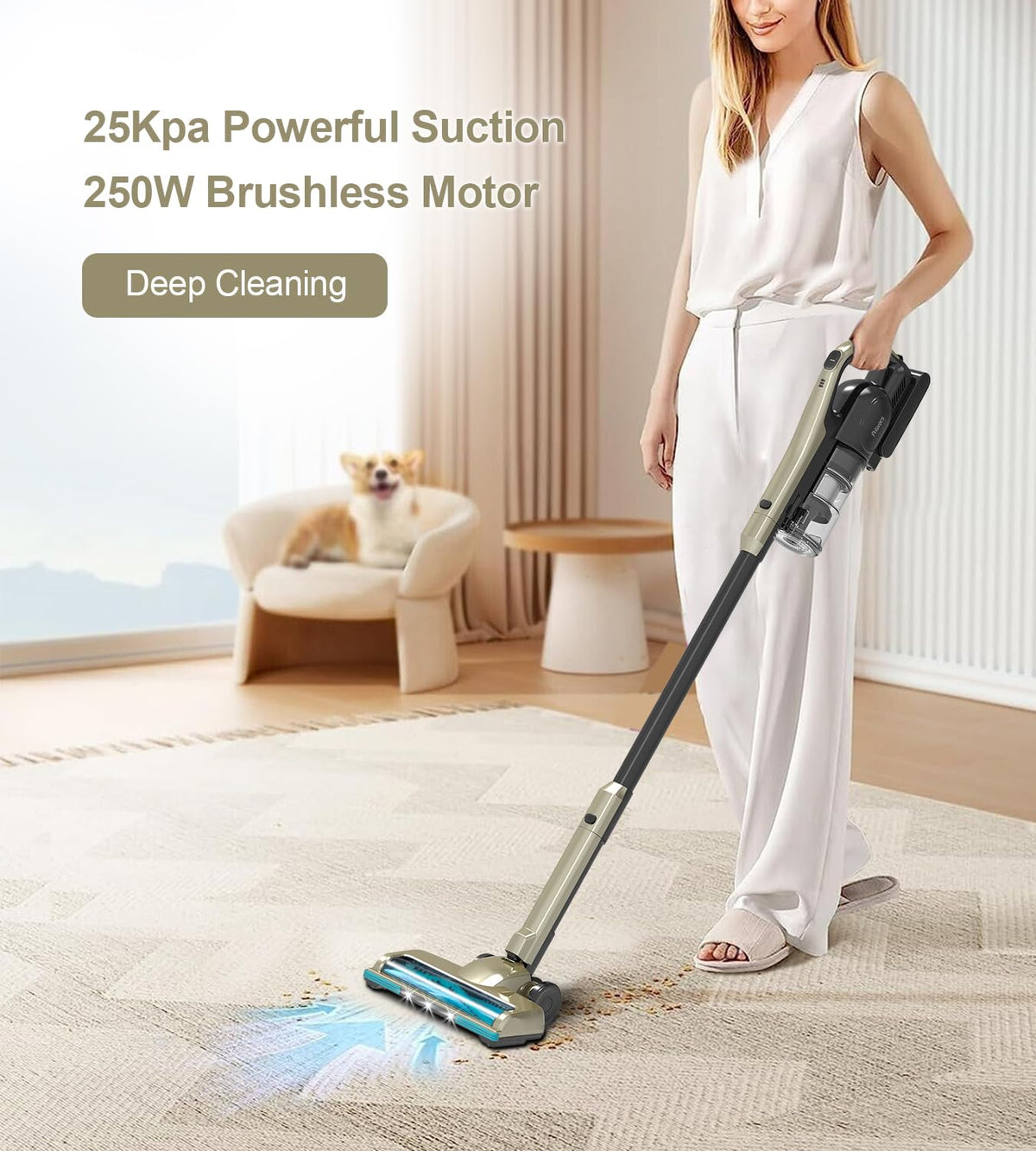 Prisvacs Cordless Vacuum Cleaner, 25Kpa Powerful Suction Ultralight Stick Vacuum with Tangle-Resistant Floor Brush, 2500mAh Fast-Charging Battery for Pet Hair Floor Carpet Stair, 4 Hepa