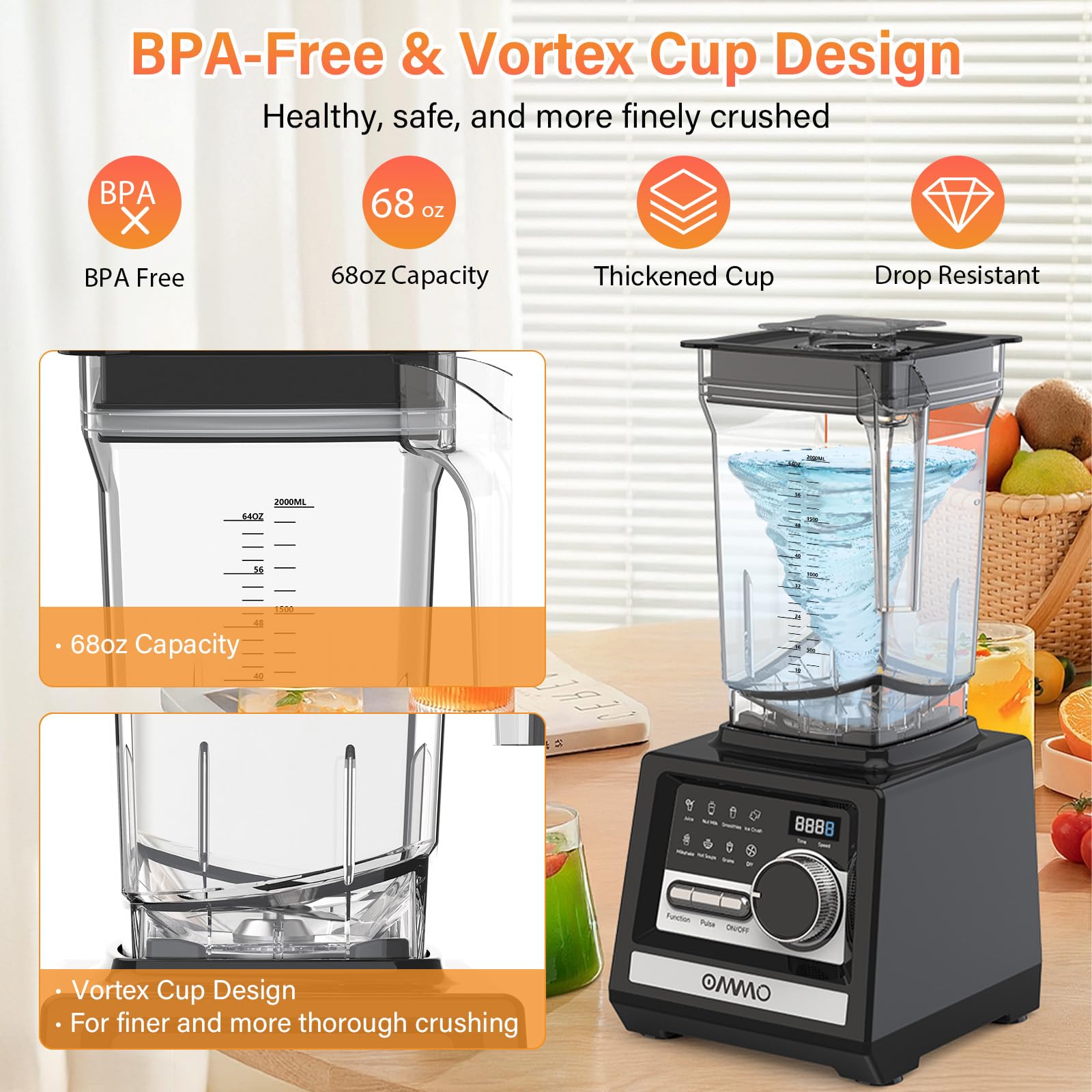 OMMO Blender, Peak1800W Blender for Smoothies, 68oz BPA-Free Smoothie Blenders for Kitchen with 9 Speed Control&Built-in Timer, Dishwasher Safe for Ice Crush, Smoothies, Frozen Drinks and Fruits
