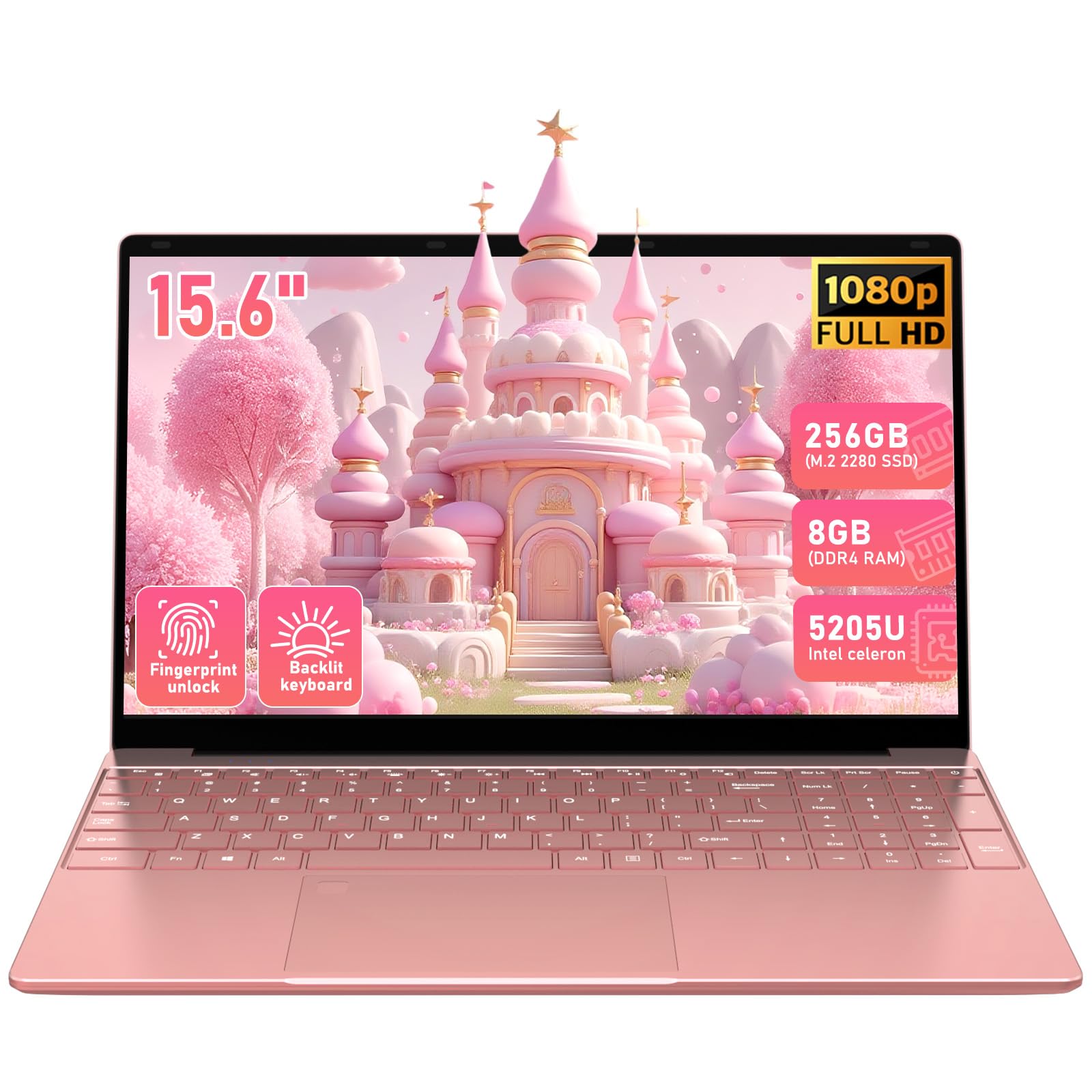 Trygood Student Laptop 15.6 Inch, Lightweight Notebook with 8GB RAM 256GB SSD, FHD IPS Display, Backlit Keyboard & Fingerprint Login, Rose Gold Portable Computer for School & Daily Use