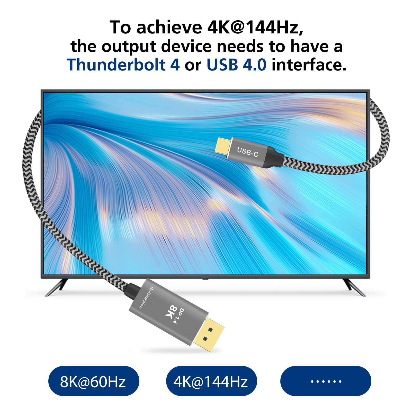 PAKLIMCN 32.4Gbps USB C to DisplayPort 8K Cable Bidirectional DisplayPort to USB C Cable 6 ft Support 4K 144Hz/2K 240Hz (Thunderbolt 4 to DisplayPort 1.4,) Braided- Works with iPhone 15 MacBook XPS