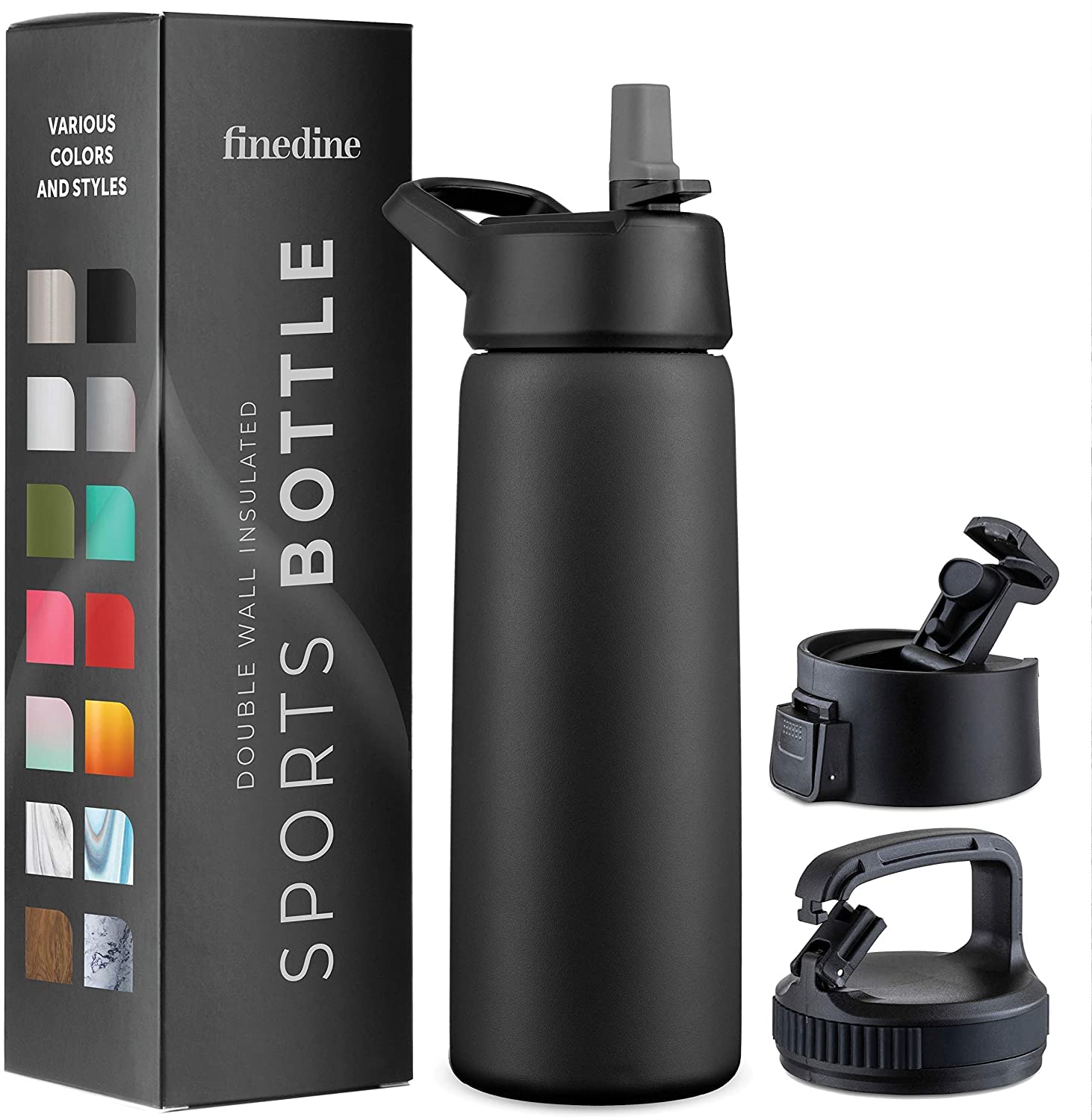 FineDine Triple Walled, Insulated Water Bottles with Straw - 25 Oz Stainless Steel Metal Bottle W/ 3 Leak Proof Lids - For Travel, School, Sports, Gym/Men, Women & Kids - Inky Raven Black