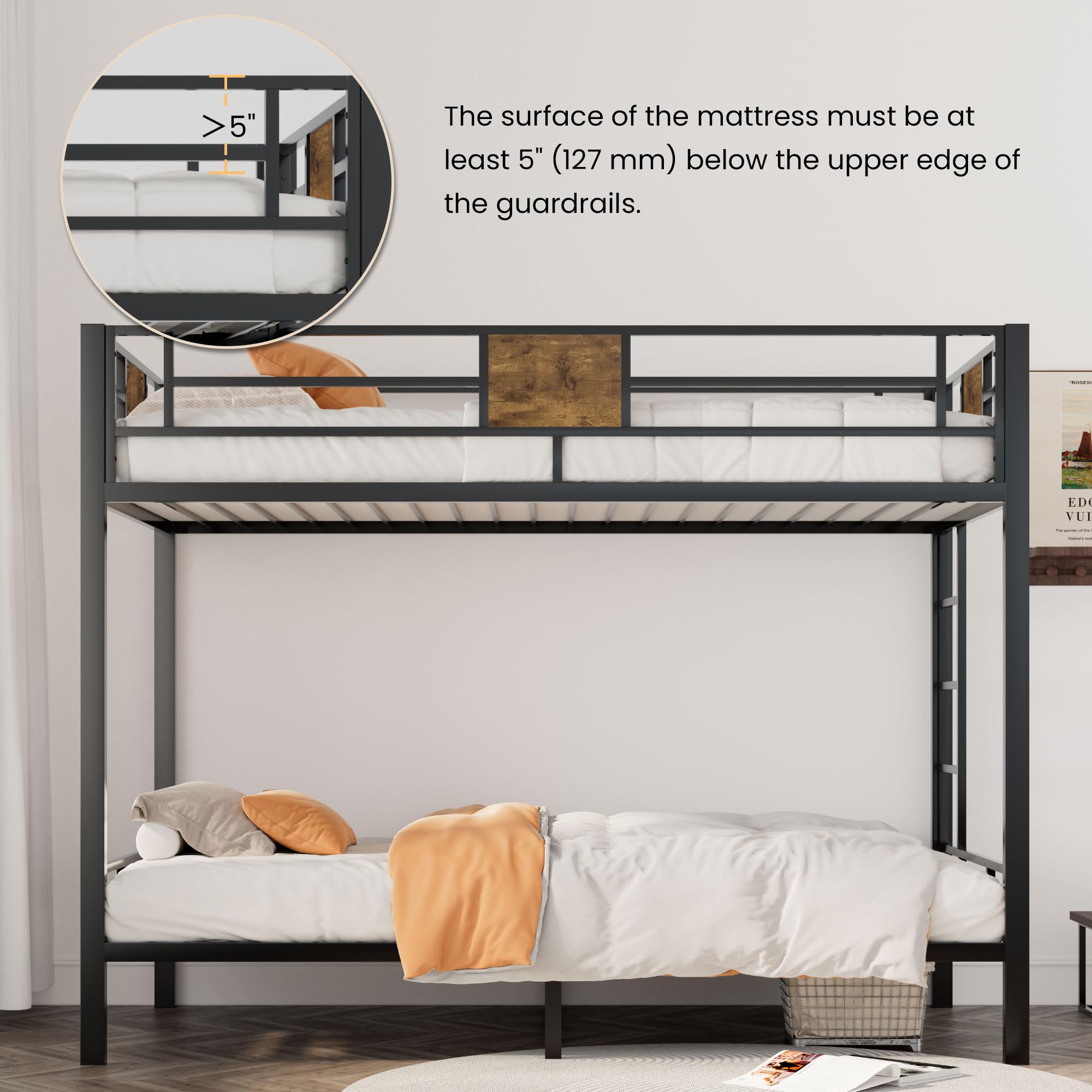 SHA CERLIN Bunk Bed Twin Over Twin Size with Ladder and Full-Length Guardrail, Metal, Storage Space, No Box Spring Needed, Noise Free, Black