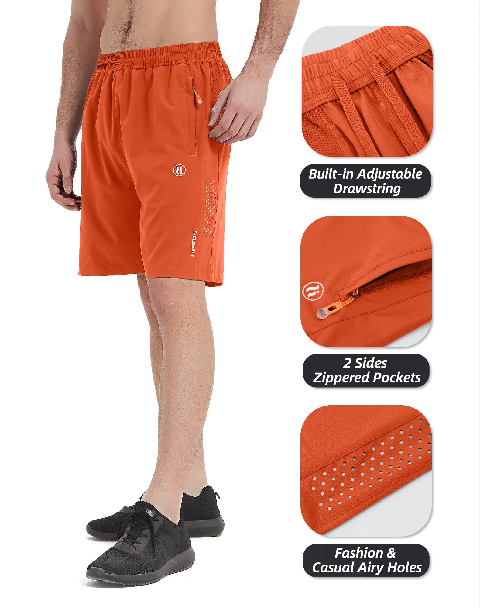 HIFEOS Mens Athletic Shorts -Running, Tennis Gym Workout Shorts for Men 5"/7"/9"- Comfort, Lightweight, 3 Zippered Pockets Orange