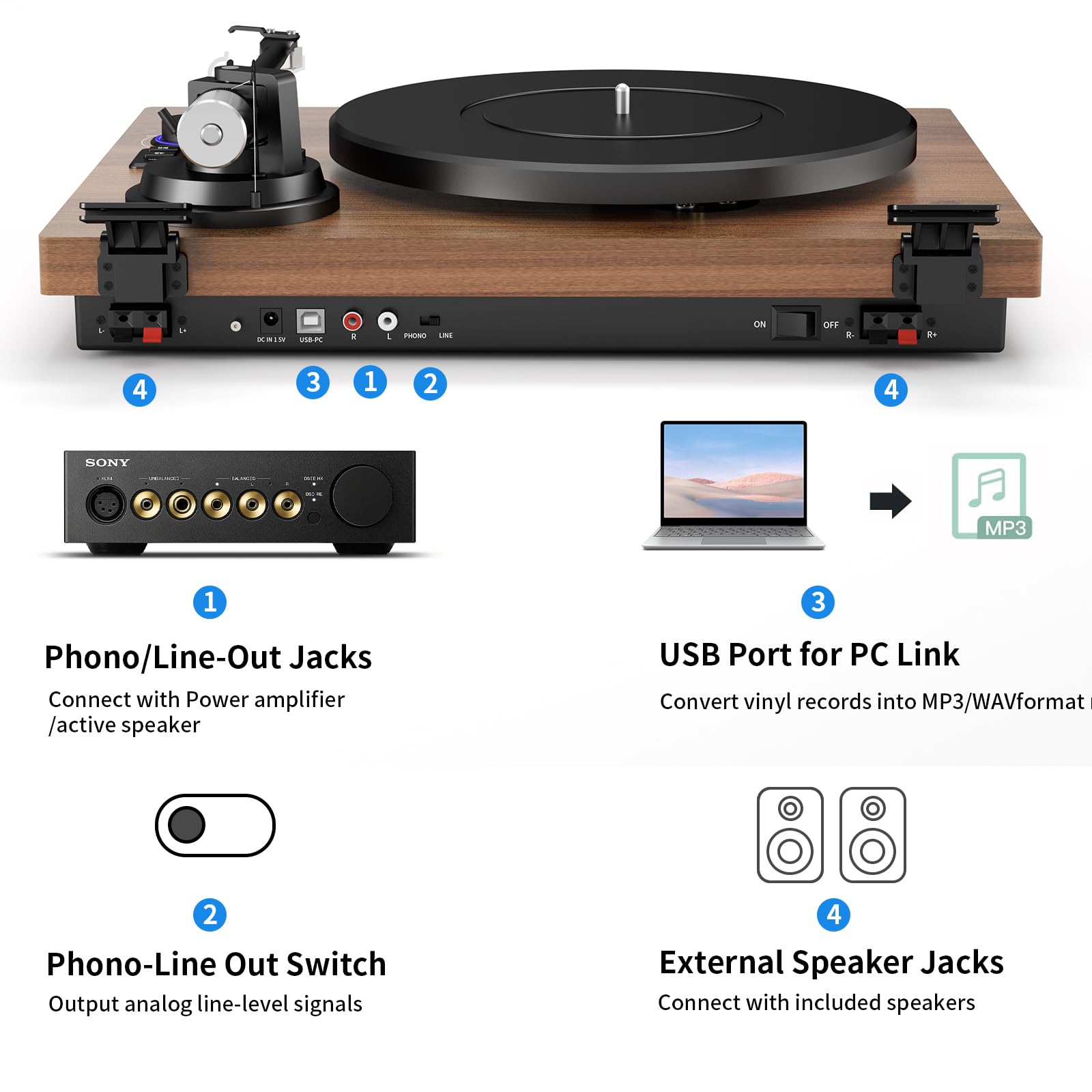 FEKTIK Record Player for Vinyl with Speakers,Bluetooth Turntable for Vinyl Records with 36W HiFi Stereo Speakers,Magnetic Cartridge & Adjustable Counter Weight and Anti-Skating,RCA Output