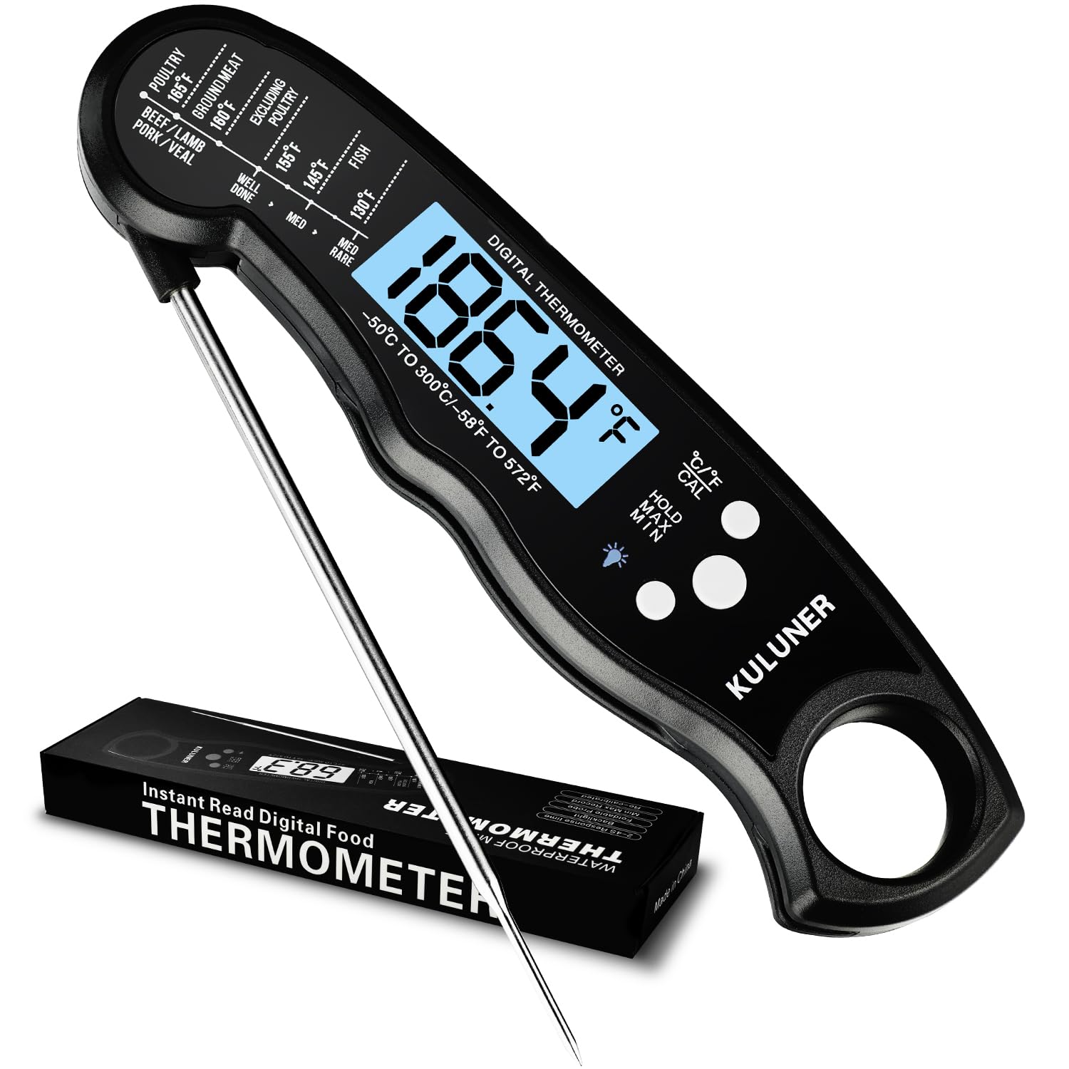 KULUNER TP-01 Waterproof Digital Instant Read Meat Thermometer with 4.6 Folding Probe Backlight Calibration Function for Cooking Food Candy, BBQ Grill, Liquids,Beef(Black)