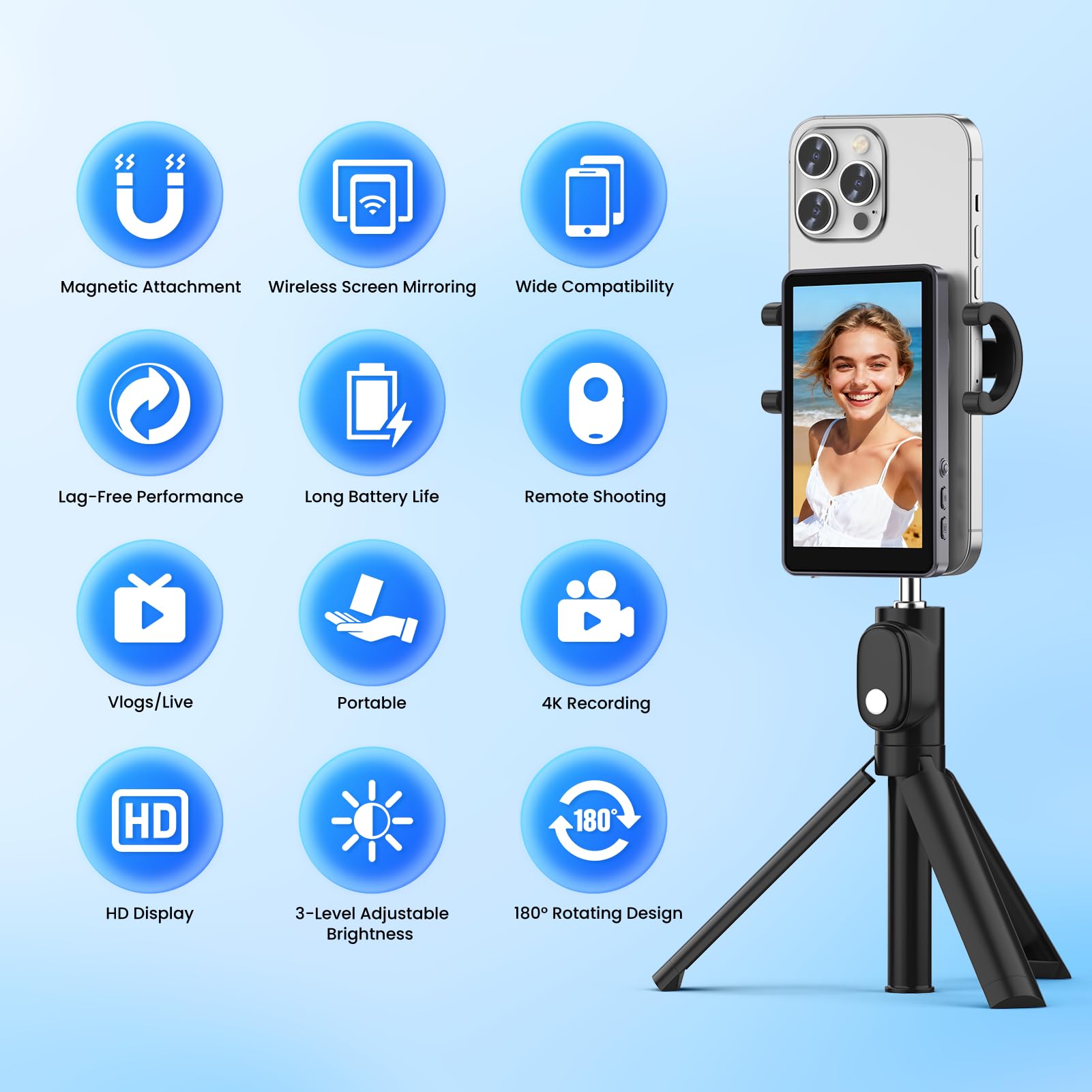 Vlog Selfie Monitor Screen iPhone, 4K 60fps Recording, Wireless Screen Mirroring with Remote Control, Magnetic Fixation, 180° Rotation, 3 Levels of Brightness, Compatible with iPhone & Android