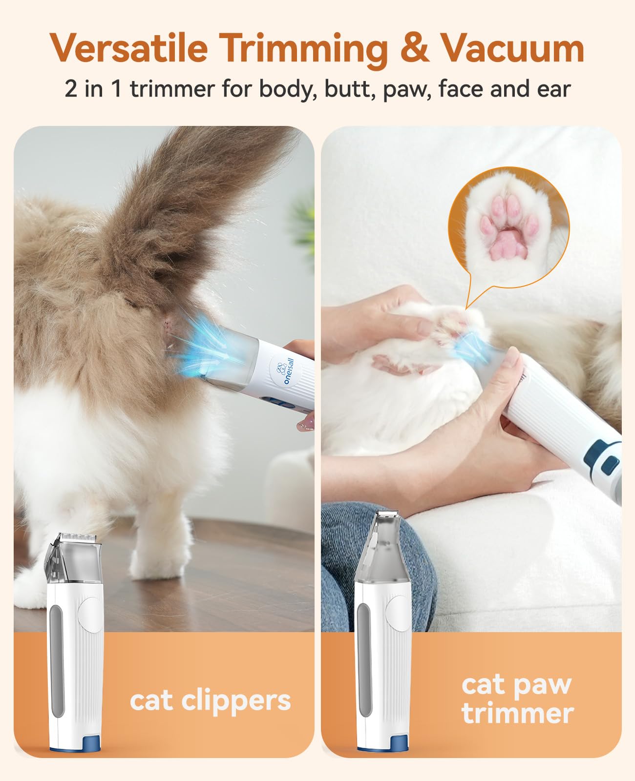 oneisall Cat Grooming Vacuum, Low-Noise Pet Vacuum Grooming Kit with Brush & Clippers for Hair Shedding Trimming Grooming, 6 in 1 Cat Vacuum Groomer for Pet Hair Grooming