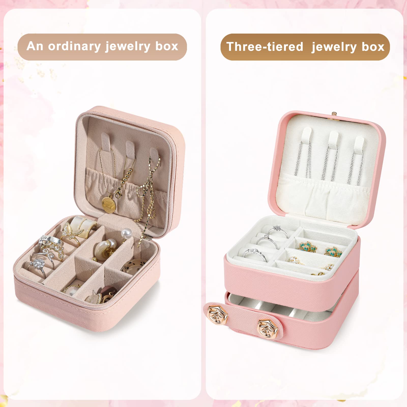 Hicdaw Travel Jewelry Case Small Jewelry Box PU Leather Organizer Box 3 Layer Mini Jewelry Travel Case Jewelry Gift Box for Women Girls