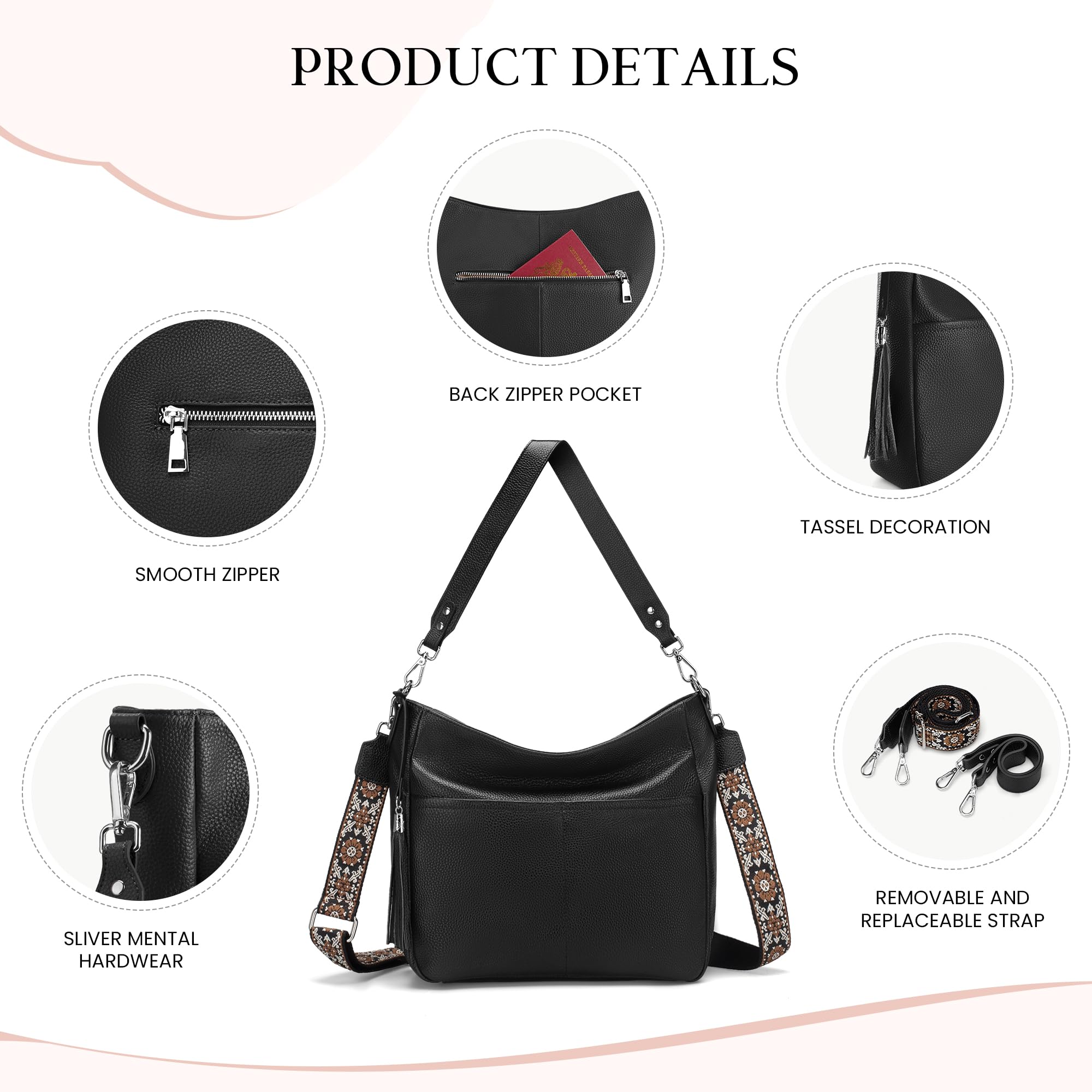 befen Genuine Leather Crossbody Bags for Women, Black Leather Purse Soft Real Hobo Crossbody with 2 Removable and Adjustable Straps Trendy Womens Purses and Handbags for Everyday