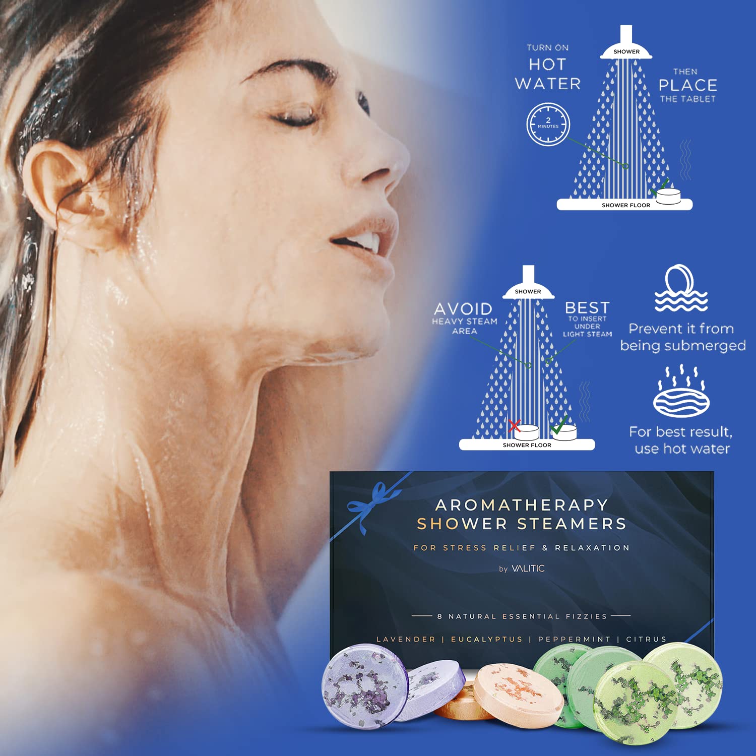 Valitic Aromatherapy Shower Steamers for Stress Relief and Relaxation - Gifts for Women Mom Birthday 8 Natural Essential Fizzies Shower Bombs - 4 Scents - Lavender, Eucalyptus, Citrus, and Peppermint