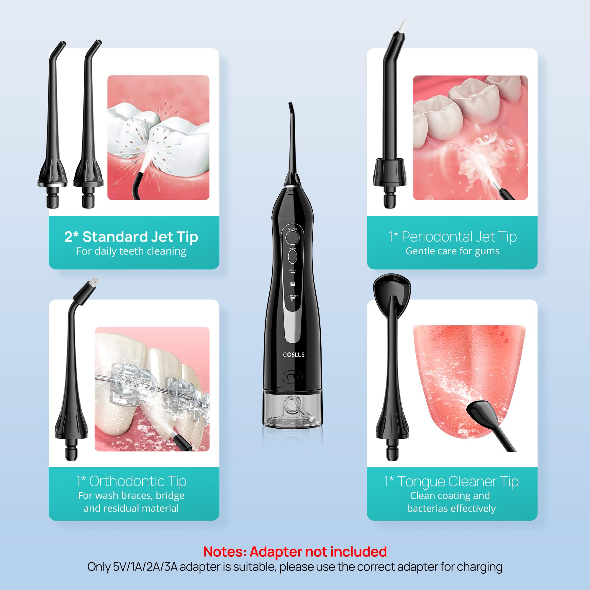 COSLUS Water Dental Flosser Teeth Pick: Portable Cordless Oral Irrigator 300ML Rechargeable Travel Irrigation Cleaner IPX7 Waterproof Electric Flossing Machine for Teeth Cleaning F5020E