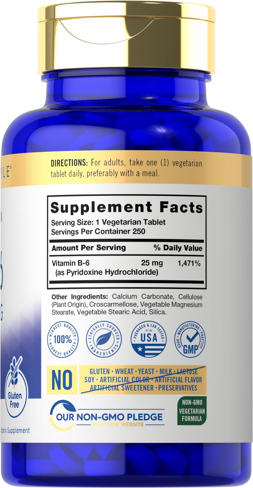 Carlyle Vitamin B6 | 25mg | 250 Tablets | Vegetarian, Non-GMO & Gluten Free Supplement