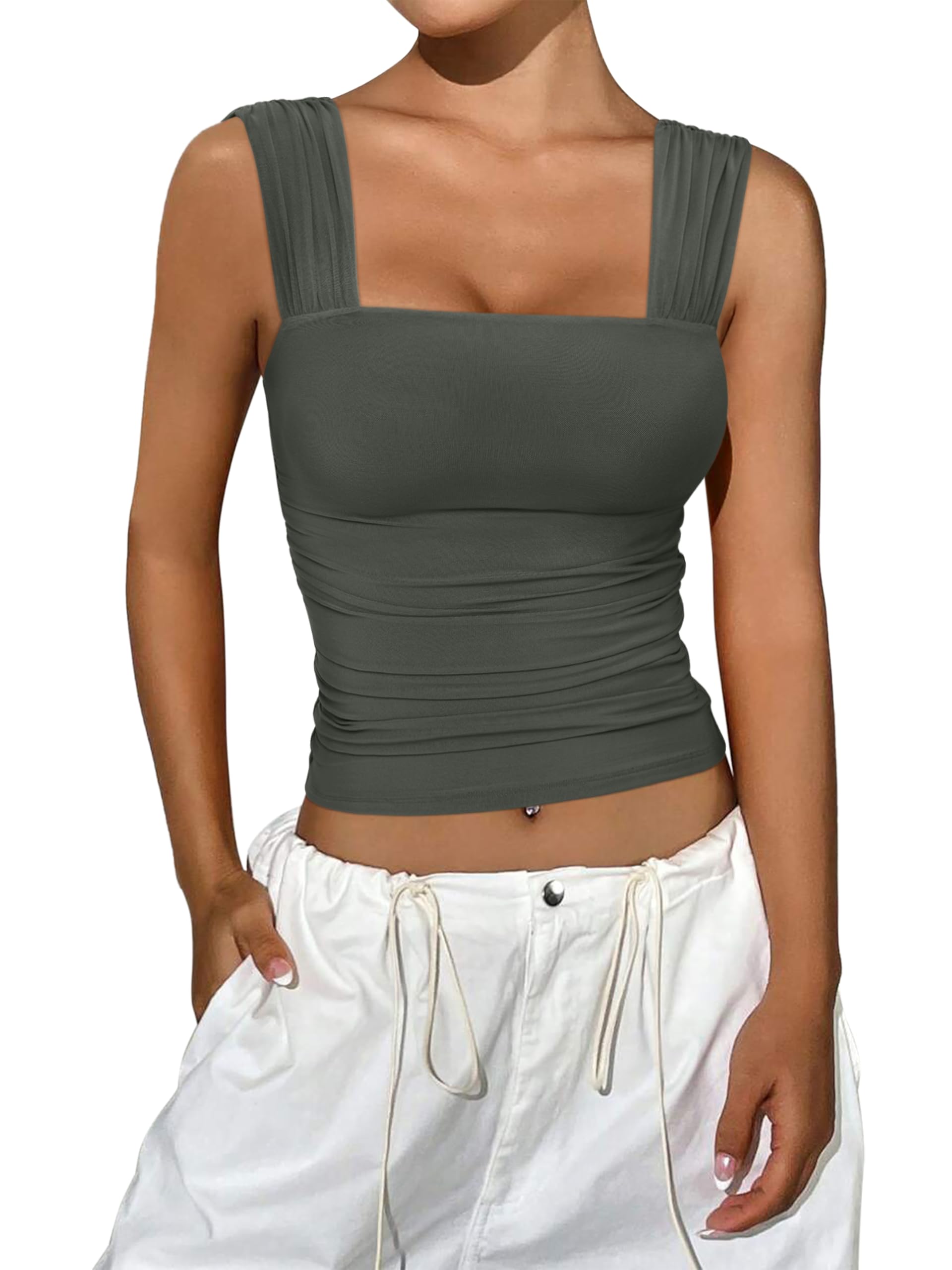 REORIA Womens Sexy Square Neck Double Lined Mesh Sheer Ruched Crop Going Out Tops Y2k Trendy Cute Tank Top Summer Outfits Green Medium