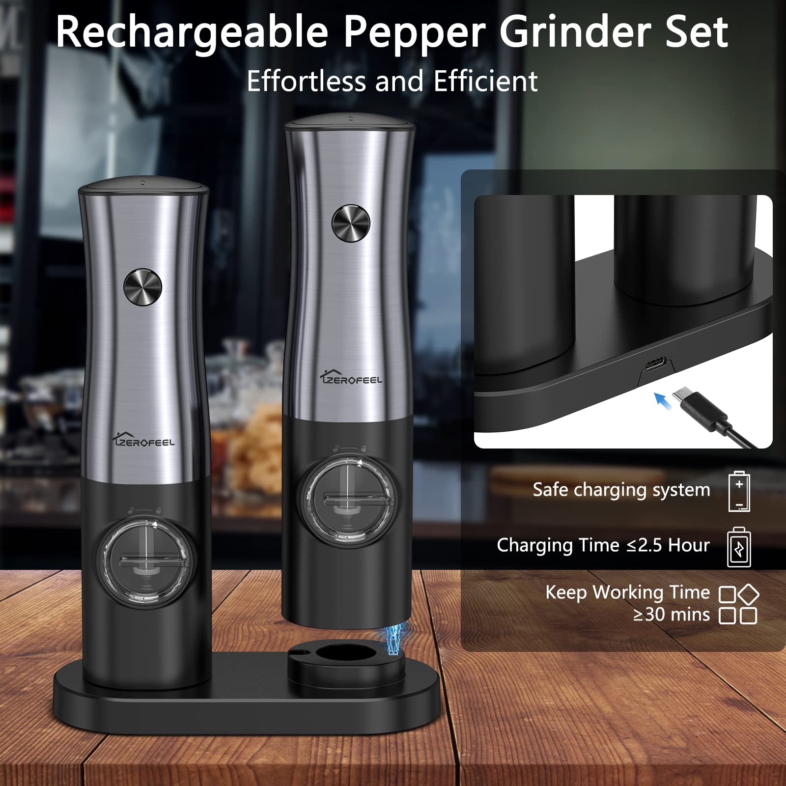 Electric Salt and Pepper Grinder Set - Rechargeable Pepper Grinder Set with Large Capacity, Adjustable Coarseness and Charging Base - Stainless Steel Pepper Mill Set with White Light