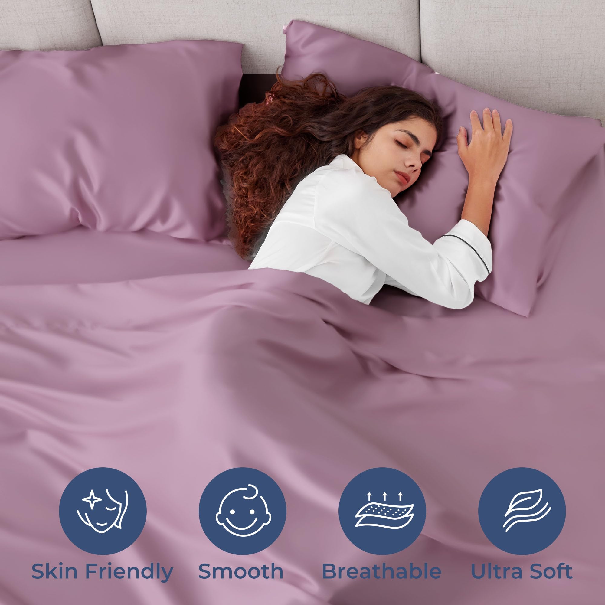 Seasonwood Satin Sheets Set Queen Size 4 Pieces 1800 Microfiber 2 Pillowcase 20''x30'' Red Bean Sand Satin Sheets