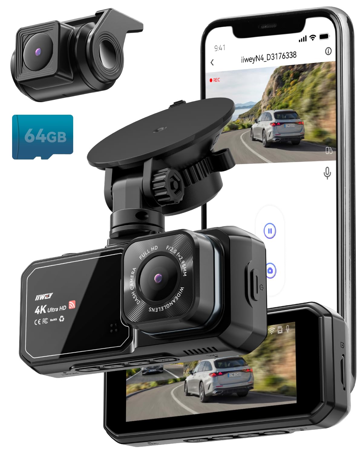 Dash Cam Front and Rear, 4K UHD Dual Dash Camera for Cars, 3.16" IPS Dashboard Camera Recorder Built-in WiFi & APP Control, with Free 64GB SD Card, 24H/7 Parking Mode, WDR, Supercapacitor