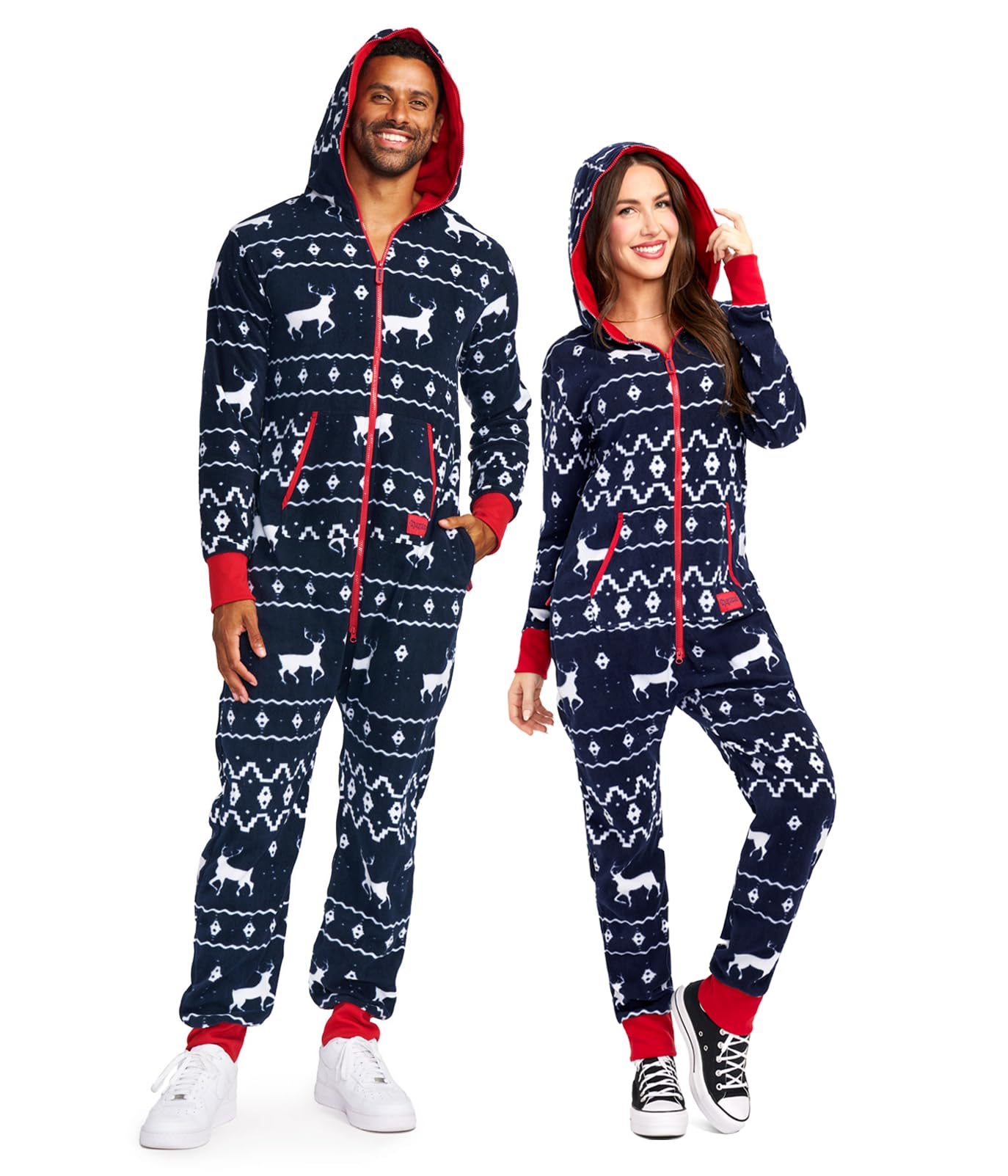 Tipsy Elves Christmas Onesies for Adults - Comfy Unisex Matching Holiday Jumpsuits with Convenient Pockets - Blue Fair Isle Christmas Jumpsuit Size Small