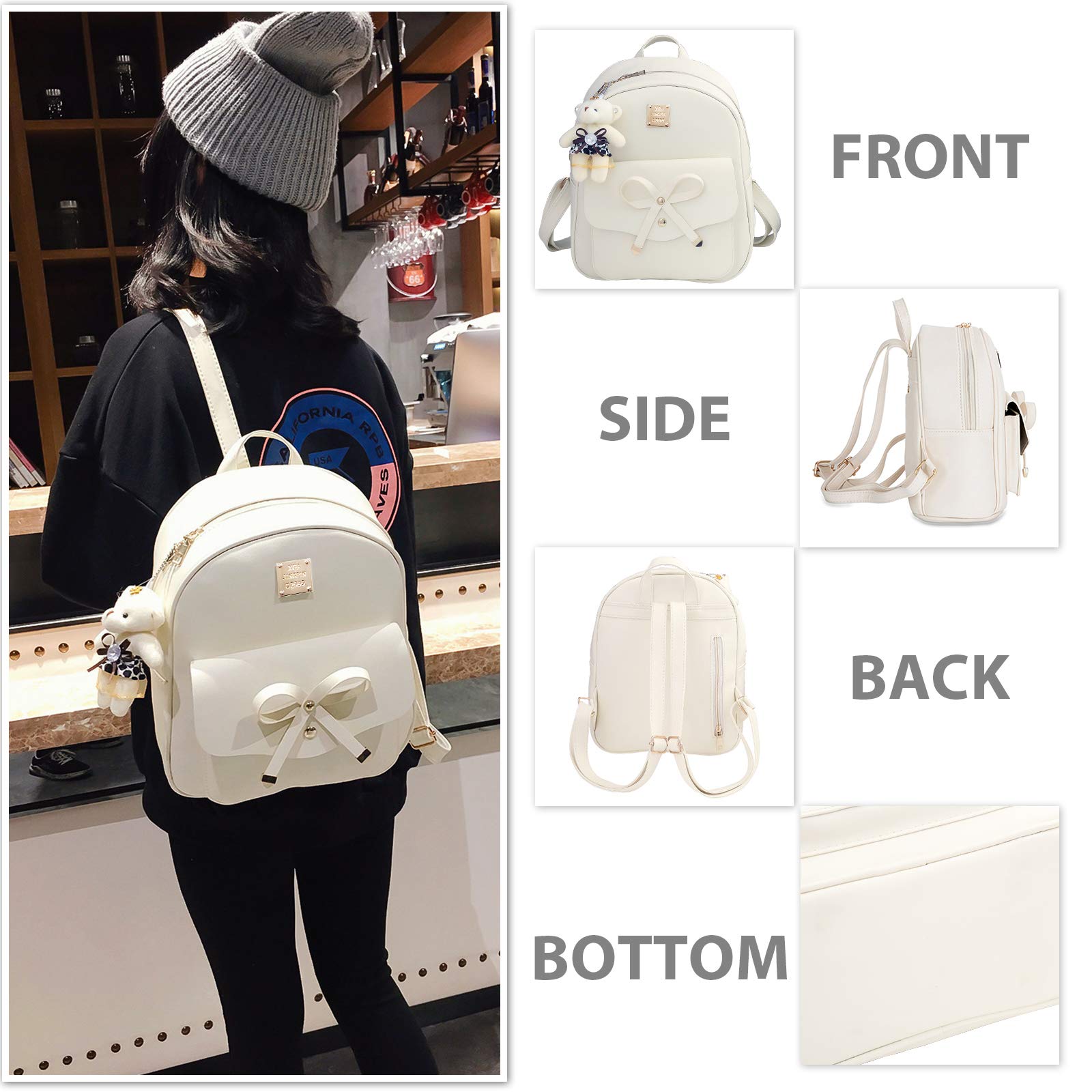 K.E.J. Cute Mini Backpack Bowknot Leather Backpack 3-PCS Small Backpack Purse for Women