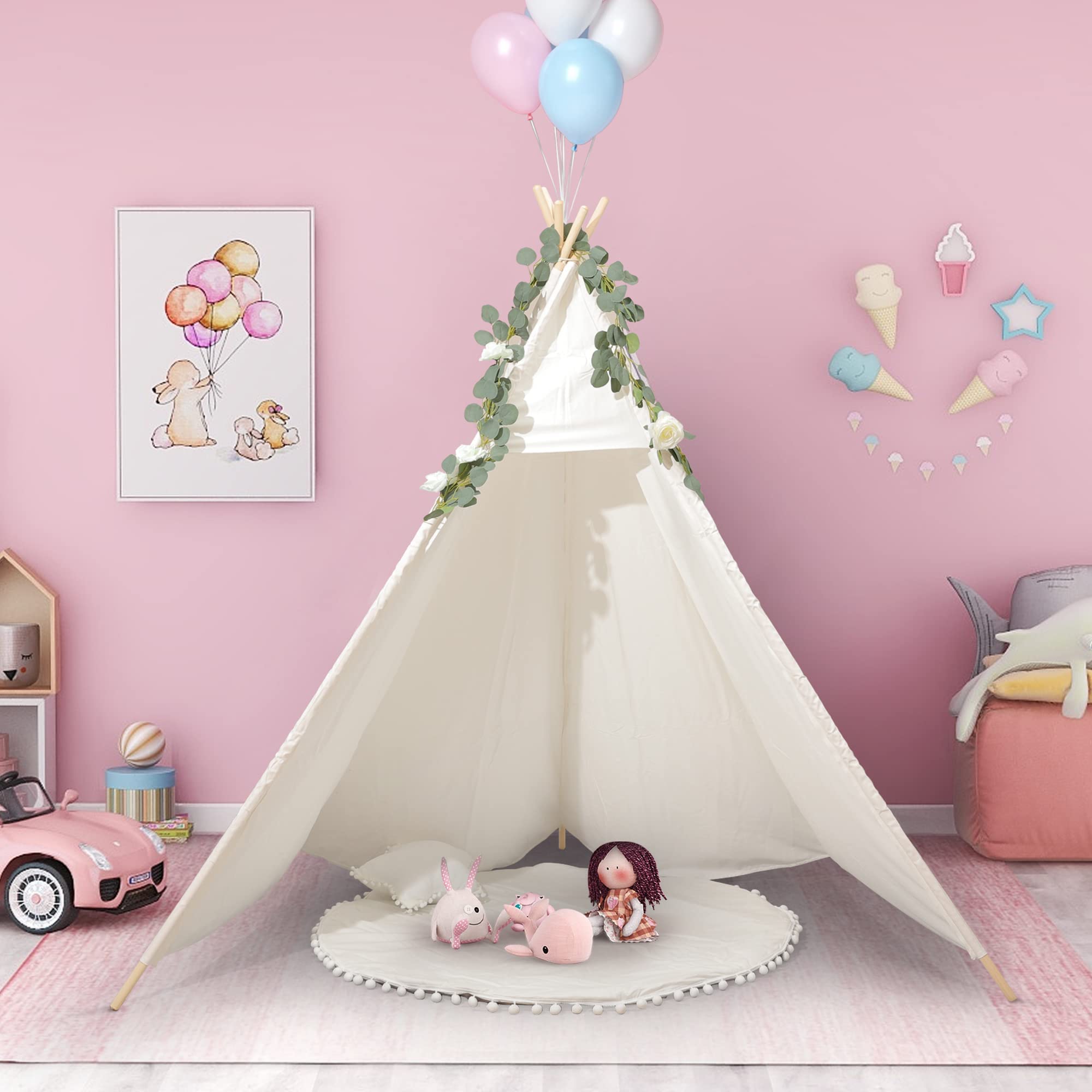 Betterhood 7' Large Teepee Tent for Adults, Play Tent with Carry Bag, 5 Sides Canvas Kids Teepee Tent Indoor & Outdoor Tents for Party, Wedding, Photo Prop, White
