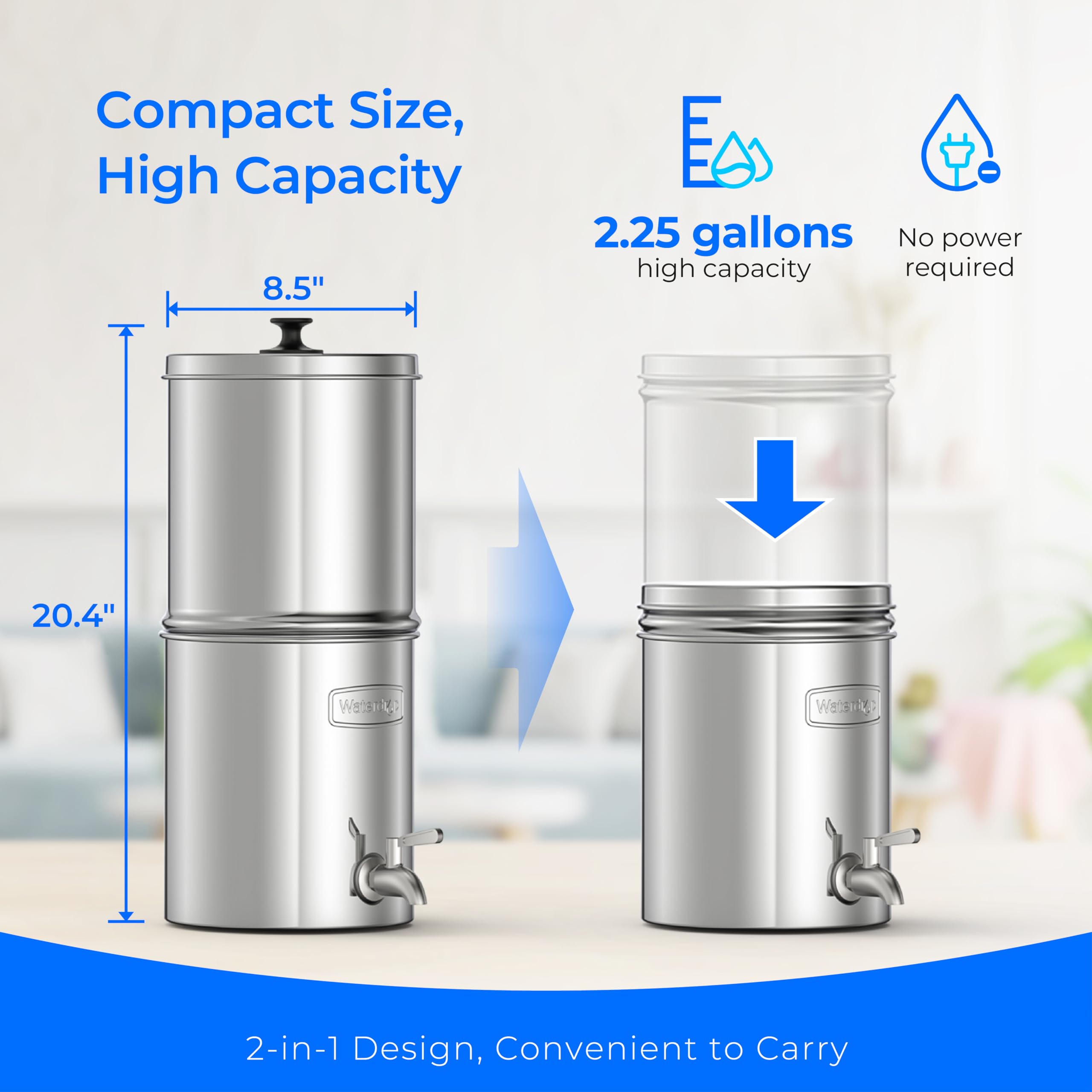 Waterdrop Gravity-fed Water Filter System, with Upgrade 3 Black Carbon Filters and Metal Spigot, 9000 Gallon Longer Lifespan and 150% Faster Flow, King Tank Series, 2.25G