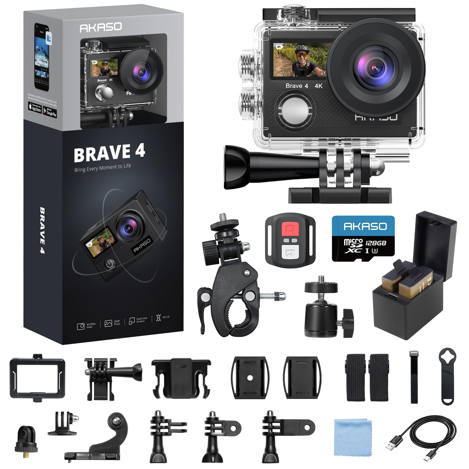 AKASO Brave 4 Action Camera 4K 30fps with 128GB MicroSDXC Card 20MP Ultra HD 131FT Waterproof Underwater Camera EIS WiFi Remote Control 5X Zoom Sport Cameras with Bicycle Accessories Kit Bundle