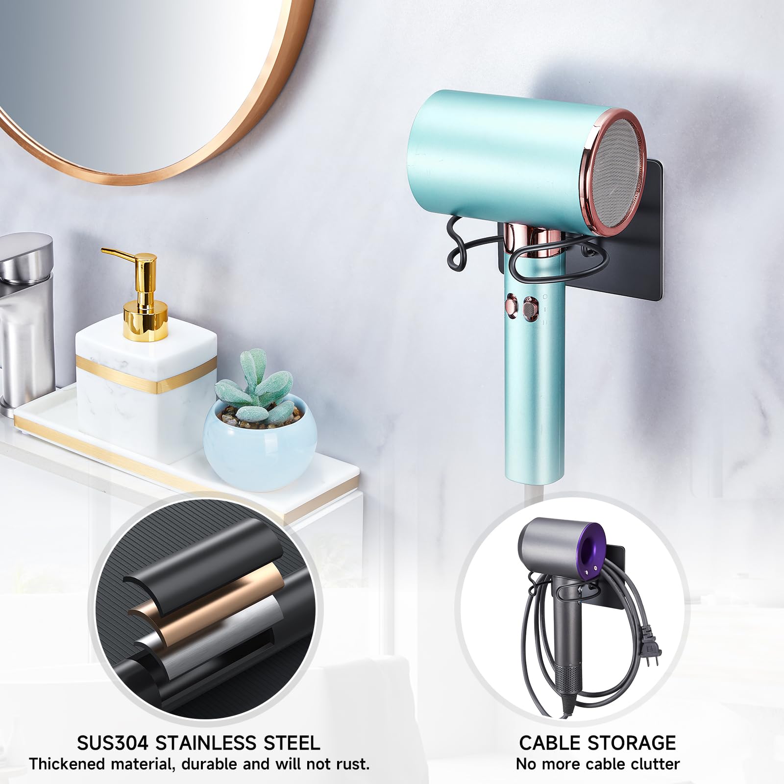 LOXSUN Hair Dryer Holder Wall Mounted, Hairdryer Holder for Bathroom, Blow Dryer Holder, Hair Tool Organizer for Hair Dryer Hanger Storage, Adhesive Blow Dryer Organizer (Black)