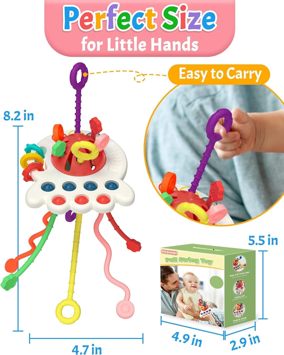 Yetonamr Baby Sensory Montessori Toys for 6-12-18 Months, Pull String Silicone Teething Toy, Stocking Stuffers Birthday Gift Travel Toy for 1 2 Year Old Boy Girl Infant Toddlers 8 9 10 Months Old