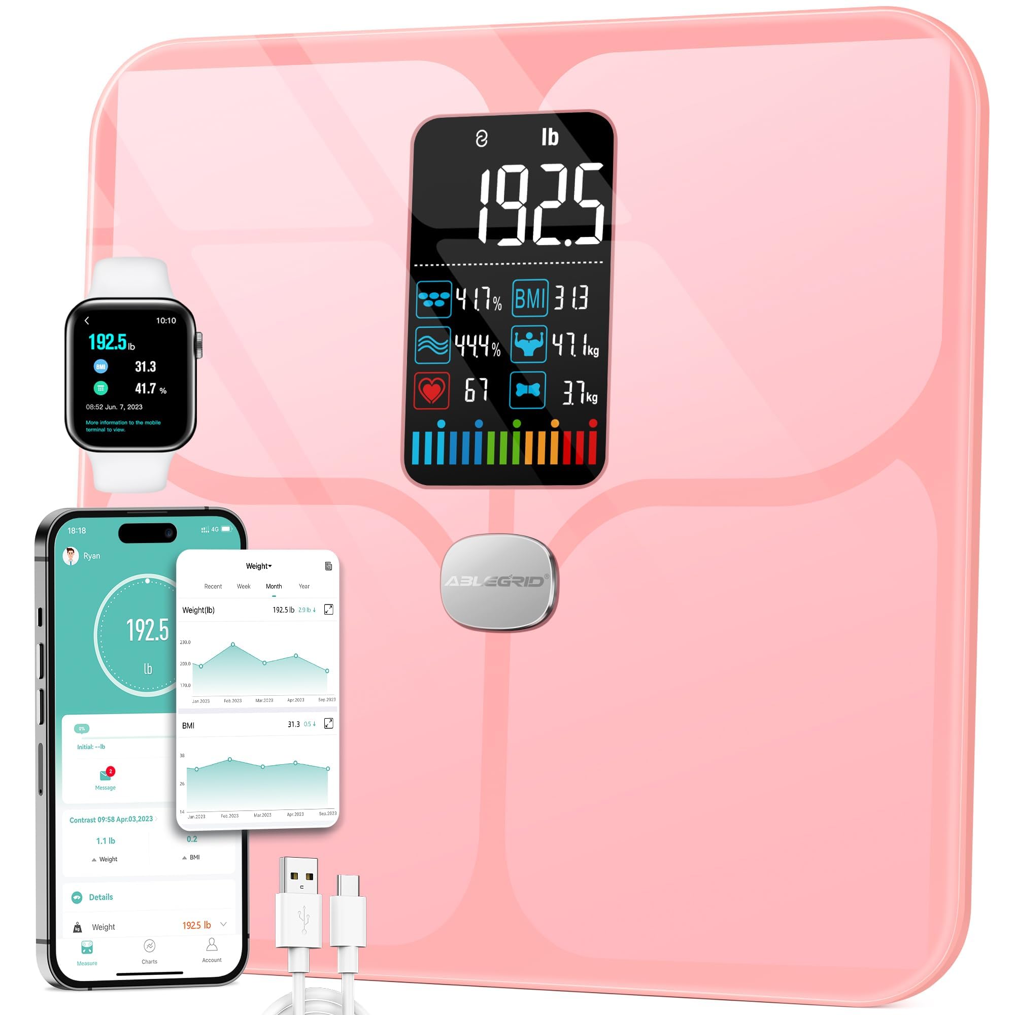 ABLEGRID Body Fat Scale,Digital Smart Bathroom Scale for Body Weight,Large LCD Display Screen,16 Body Composition Metrics BMI,Water Weigh,Heart Rate,Baby Mode,400lb,Rechargeable-Rosegold