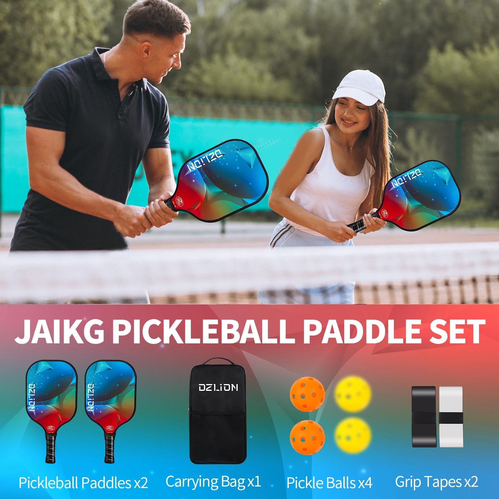 Pickleball Paddles, Fiberglass Pickleball Paddles Set of 2 with 4 Pickleball Balls, 2 Athletic Tape, 1 Portable Carry Bag Pickleball Rackets for Beginners & Pros