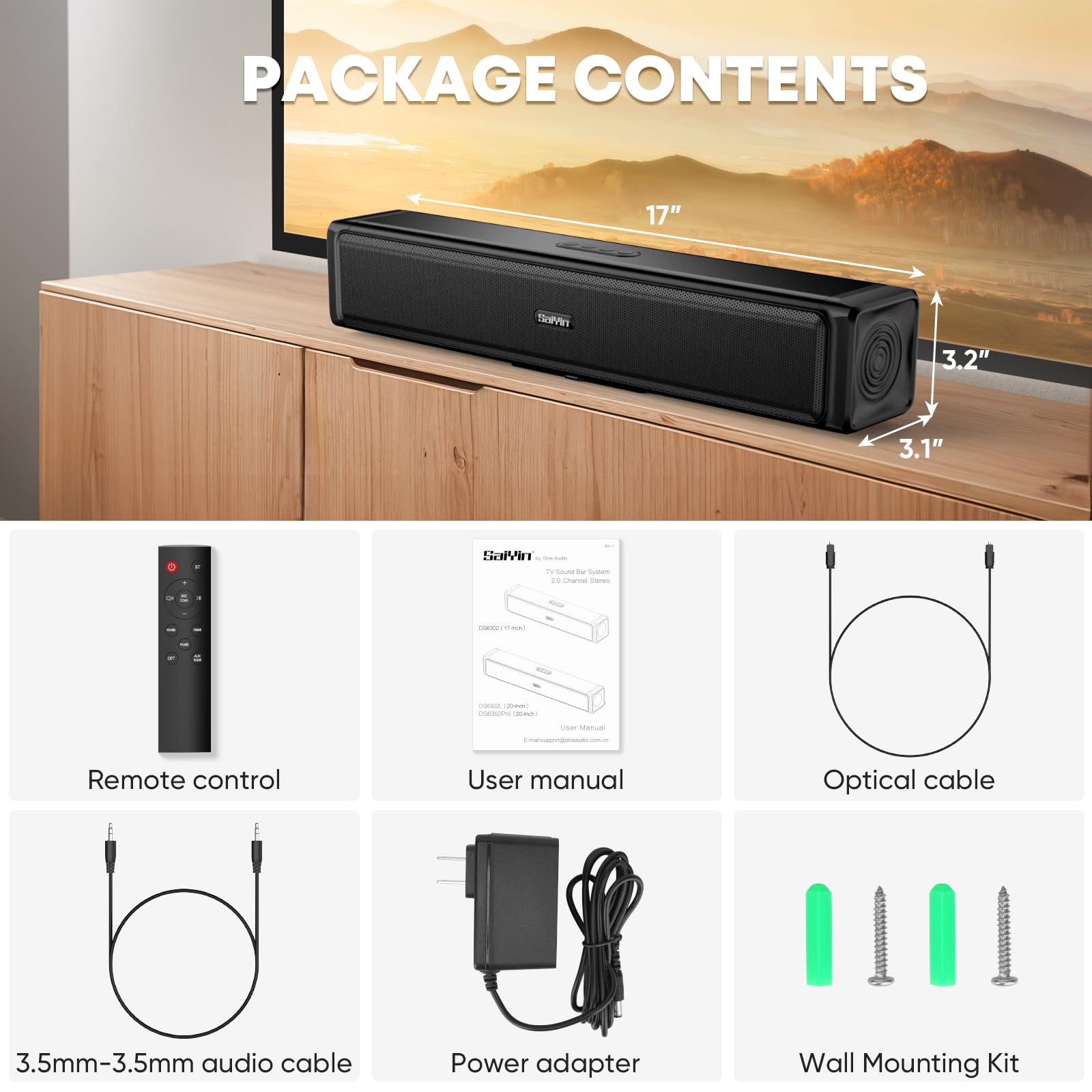 Saiyin Sound Bar,Soundbar for TV with 4 Powerful Speakers,Surround Sound System for TV,17 inch Soundbar with Bluetooth/HDMI-ARC/Optical/AUX,Wall Mountable