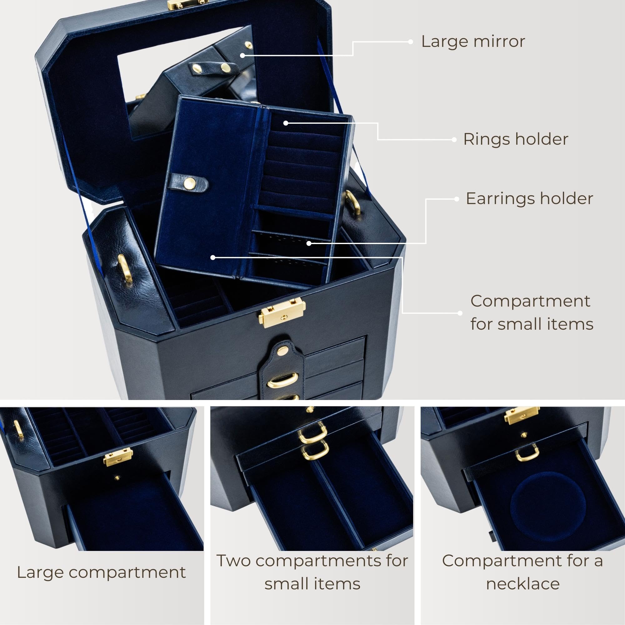 Time Resistance Leather Jewelry Box | Full Grain Leather Jewellery Organizer | Navy Blue Accessories Storage Key Lock Box for Women (Blue)