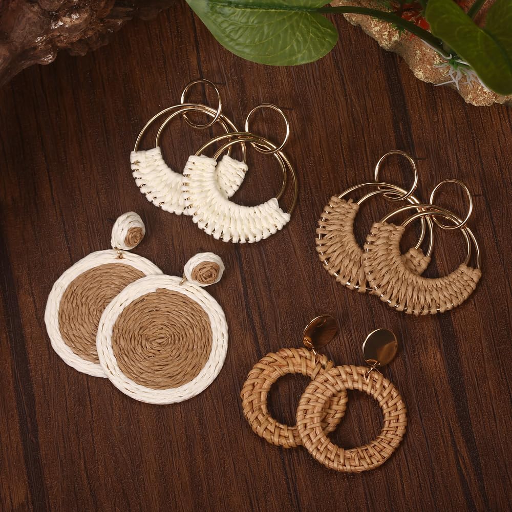 4 Pairs Handmade Raffia Rattan Bohemian Round Drop Dangle Earrings for Women, Boho Statement Cute Fun Hoop Earrings Set