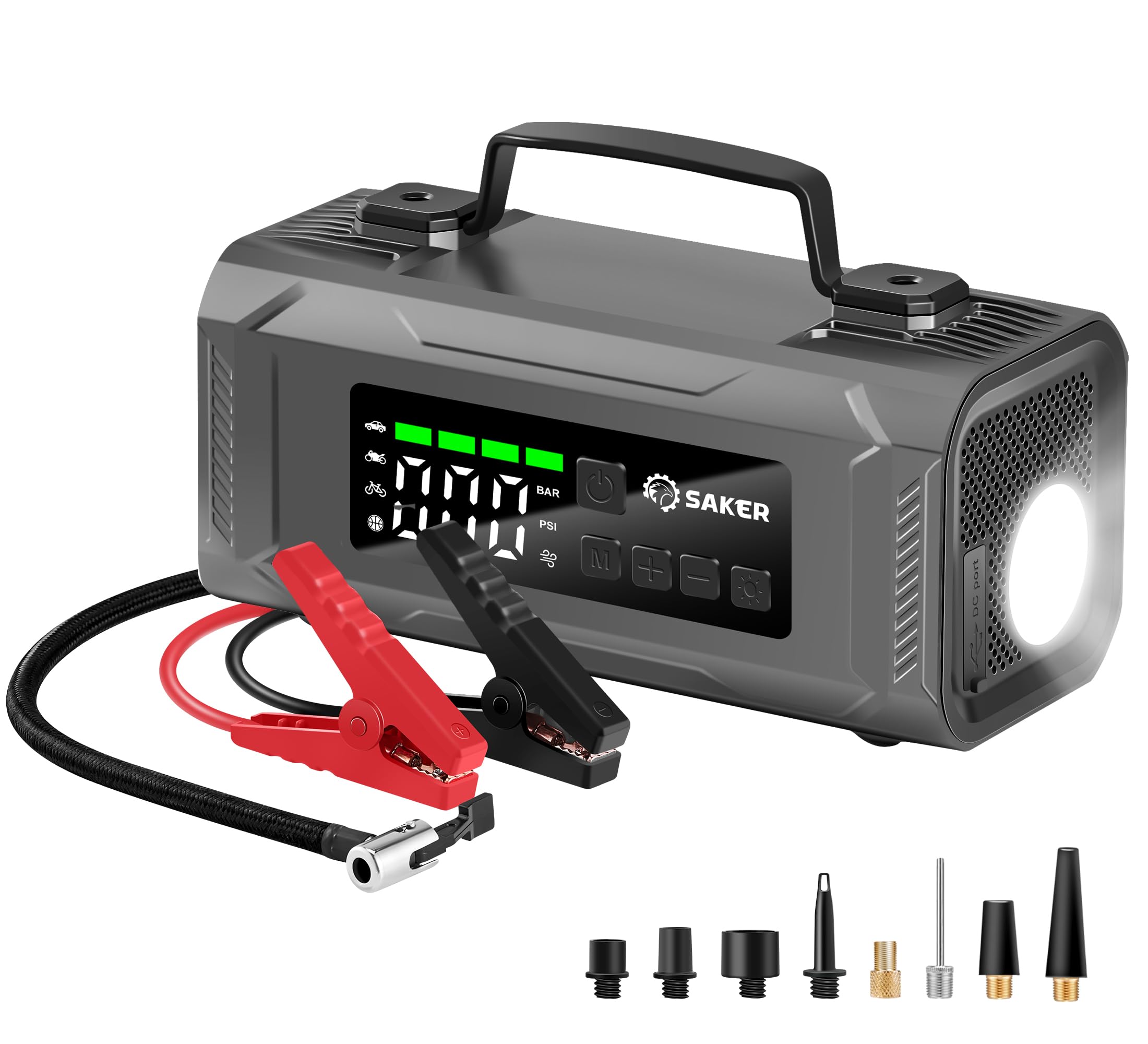 Saker Jump Starters - Tire Inflator Portable Air Compressor|Car Battery Charger|1500A Jump Starter Battery Pack|10400mah Portable 15V Jump Box with LED Light|Automotive Emergency Kits for Vehicles