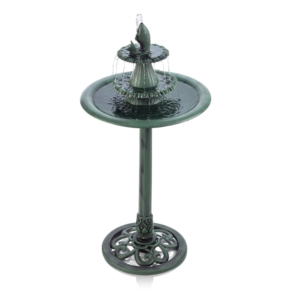Alpine Corporation TEC104 Outdoor Floor 3-Tiered Pedestal Soothing Cascading Waterfall Fountain with Birdbath, 40", Green