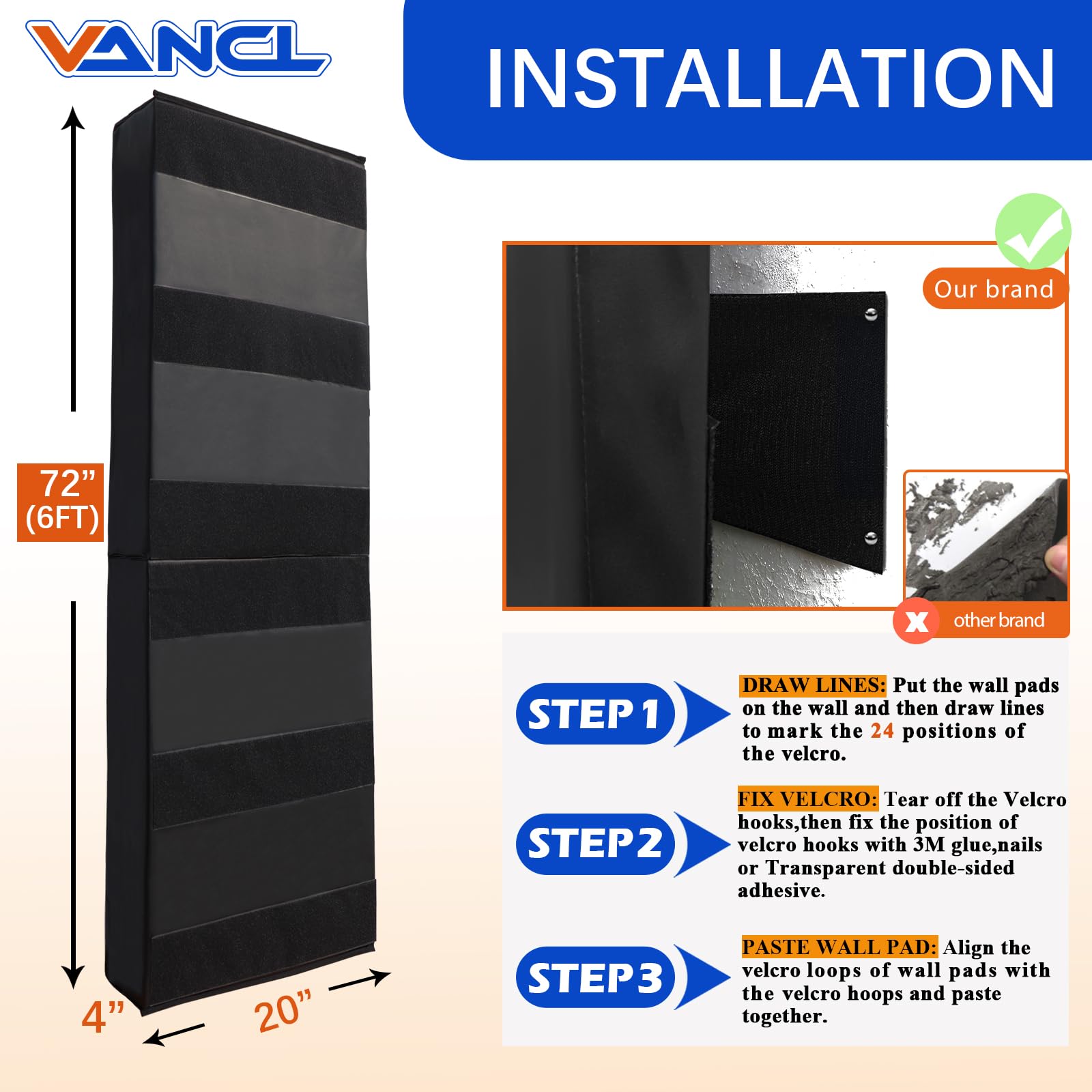 VANCL Gym Pads 72'' Gym Wall Padding Removable 6 Feet Gym Wall Padding Baseball 4" Thick Wall Mats for Padding 72'' Wall Pads Gym Mat Padded Wall 72''x20''x4'' [6 Pack]