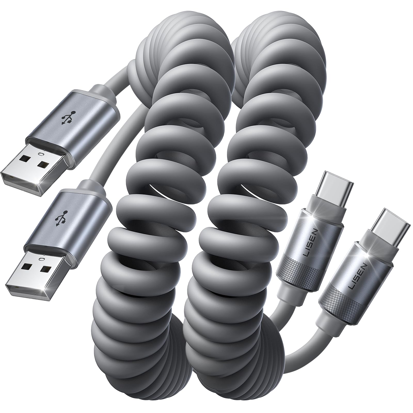 LISEN Coiled USB C Cable, 2 Pack for Android Auto & CarPlay Cable, Short USB A to USB C Cable Compatible with iPhone 17/16/15, Samsung Galaxy S25/S24/S23 A15/A14, Google Pixel 9/8, Space Gray 4FT