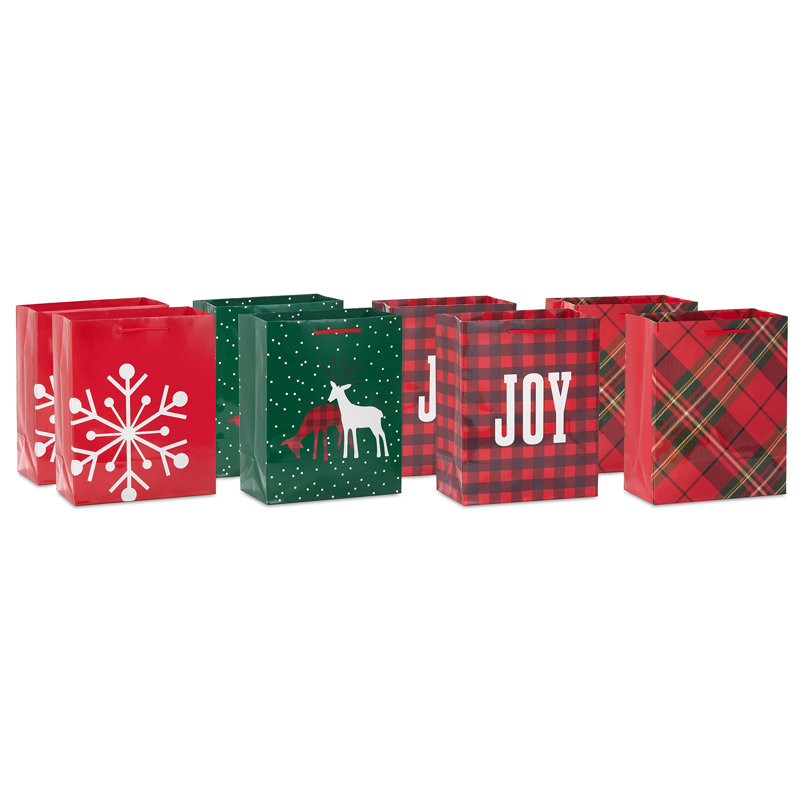 Hallmark Image Arts 8" Medium Christmas Gift Bags (8 Red and Green Bags: Plaid, Snowflake, Joy, Deer) for Teachers, Coworkers, Family