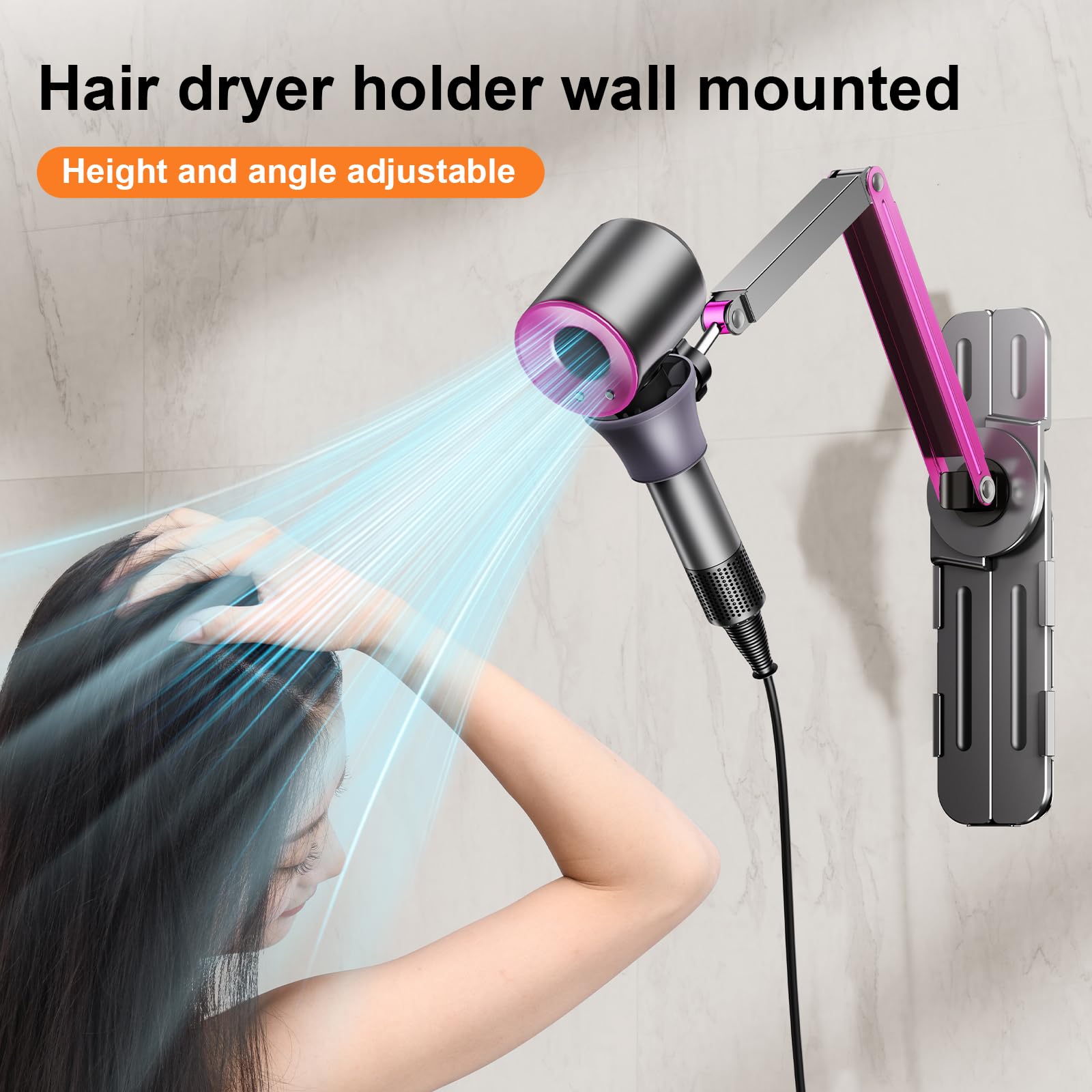 Blissfuhue Adjustable blow dryer holder wall mounted storage，Hands-Free bathroom blow dryer holder，height angle，metal material Compatible with 90% hair dryer hanger, suitable for countertop use