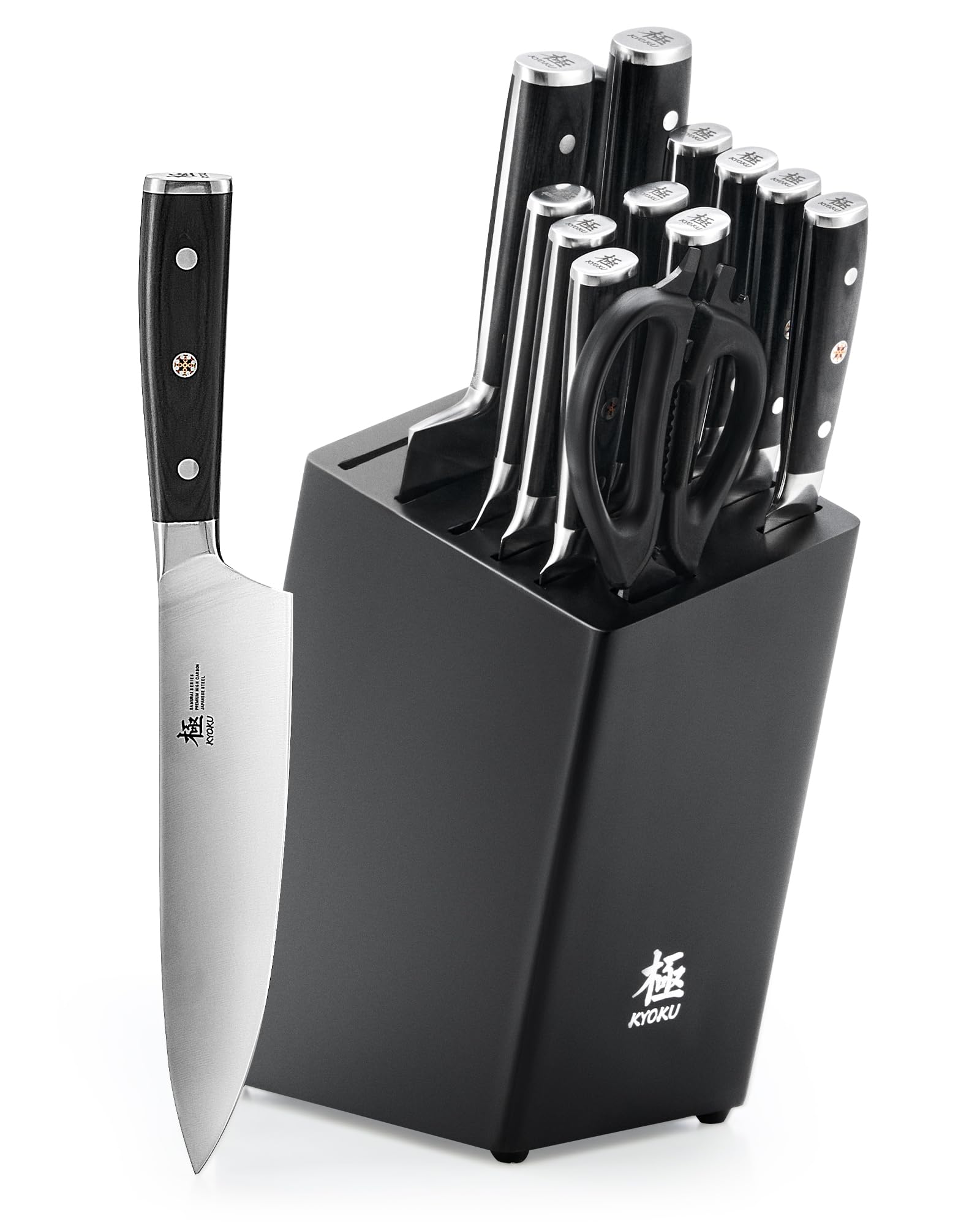 KYOKU Kitchen Knife Set with Block, German High Carbon Steel 15pc Knife Block Set, Samurai Series Knife Block with Knives for Kitchen, Professional Chef Knife Set with Sharpening Steel & Shears