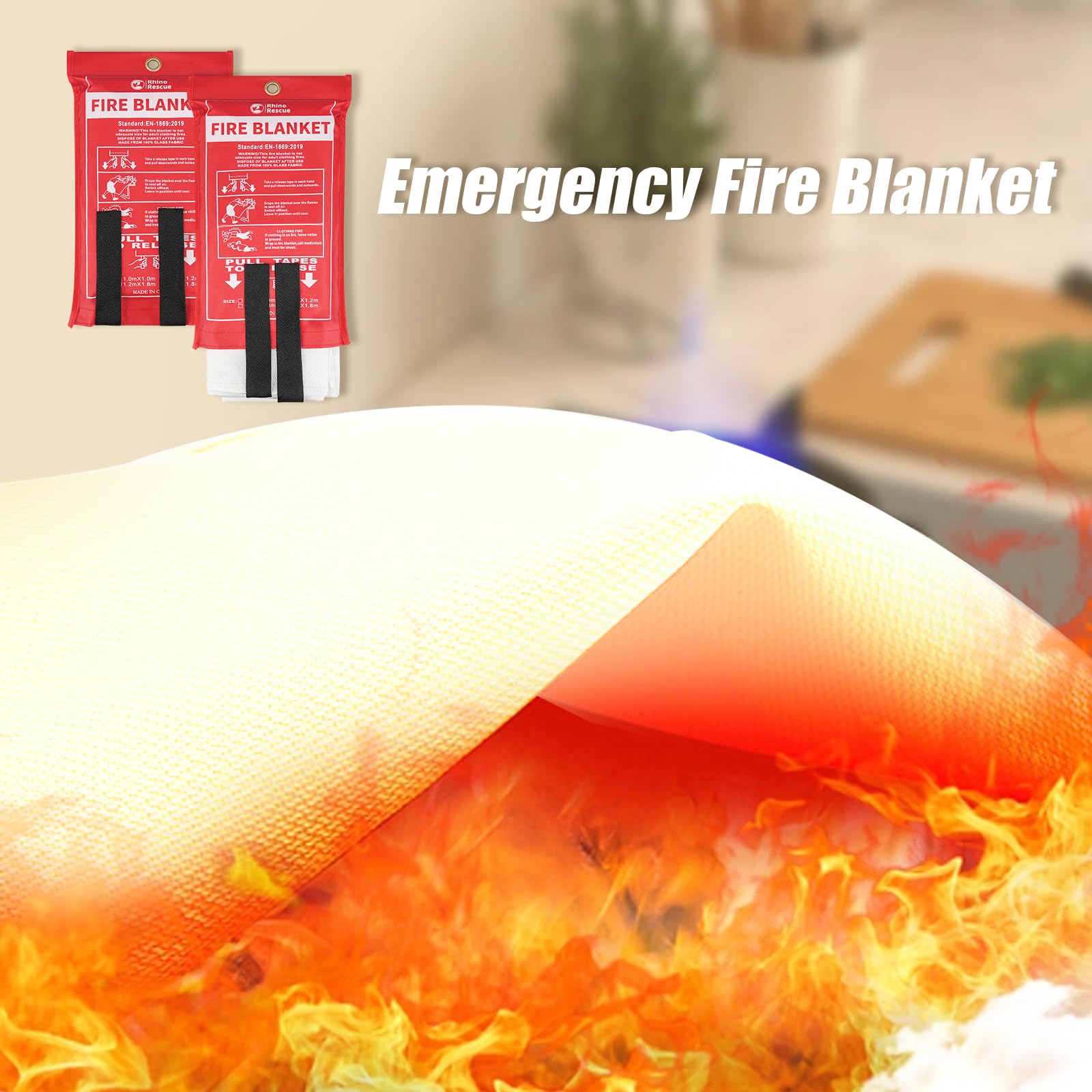 RHINO RESCUE Fire Blanket, 40''×40'' Fiberglass Emergency Fireproof Gear, Flame Retardant Protection for Home, Kitchen, Camping, Hiking, 4 Count