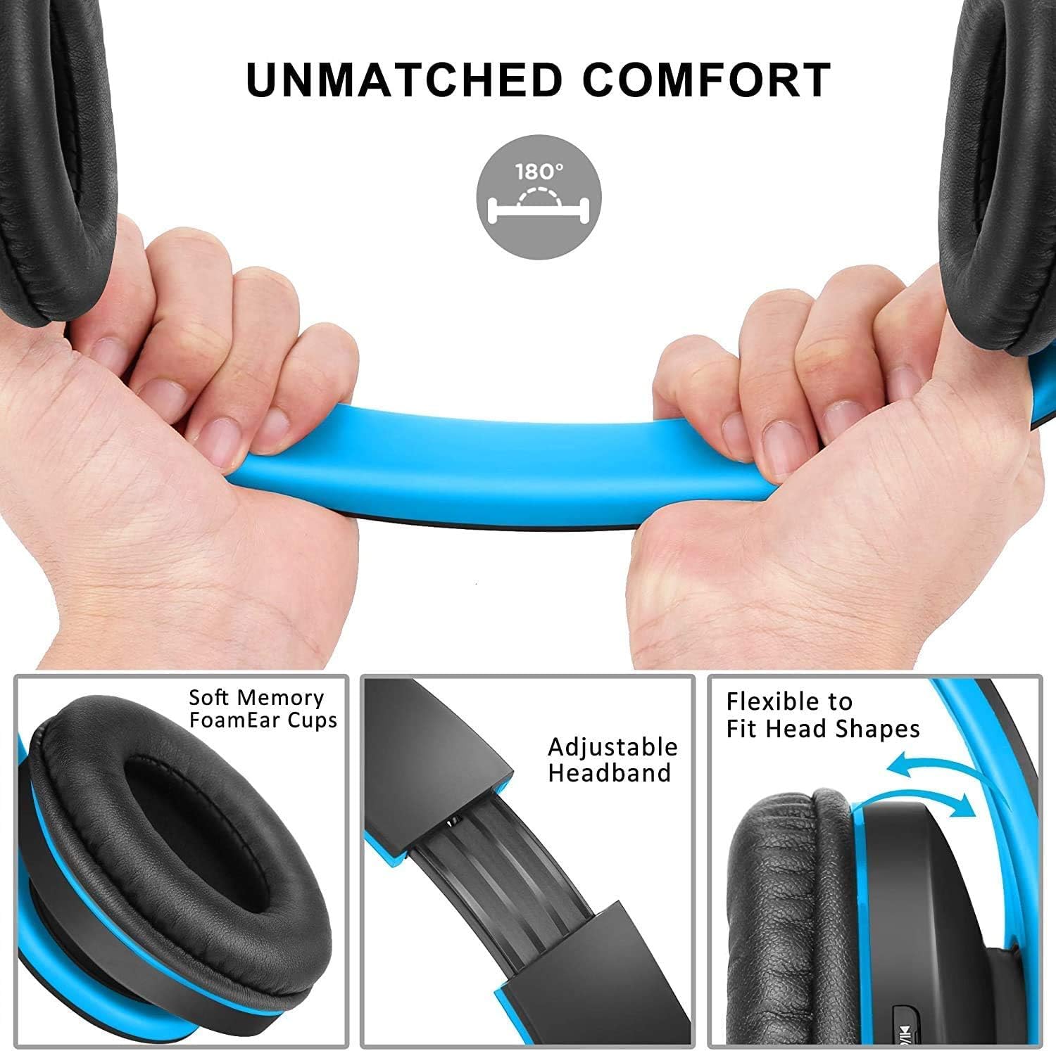 ZIHNIC Bluetooth Headphones, Foldable Wireless and Wired Stereo Headset Micro SD/TF, FM for Cell Phone,PC,Soft Earmuffs &Light Weight for Prolonged Wearing (Black/Blue)