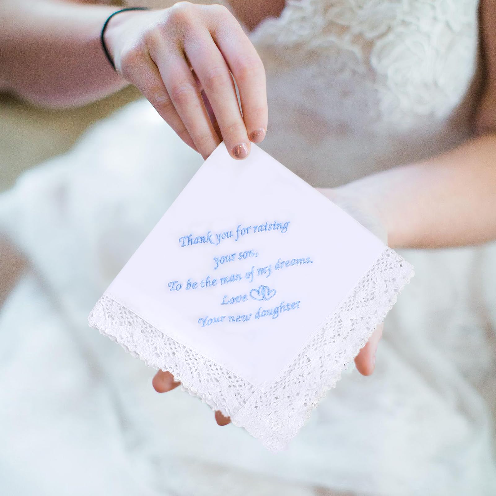 PACGOTH Wedding Handkerchiefs Something Blue for Bride, Mother Of The Bride Gifts Embroidered White Lace Handkerchiefs (Parents of Groom)