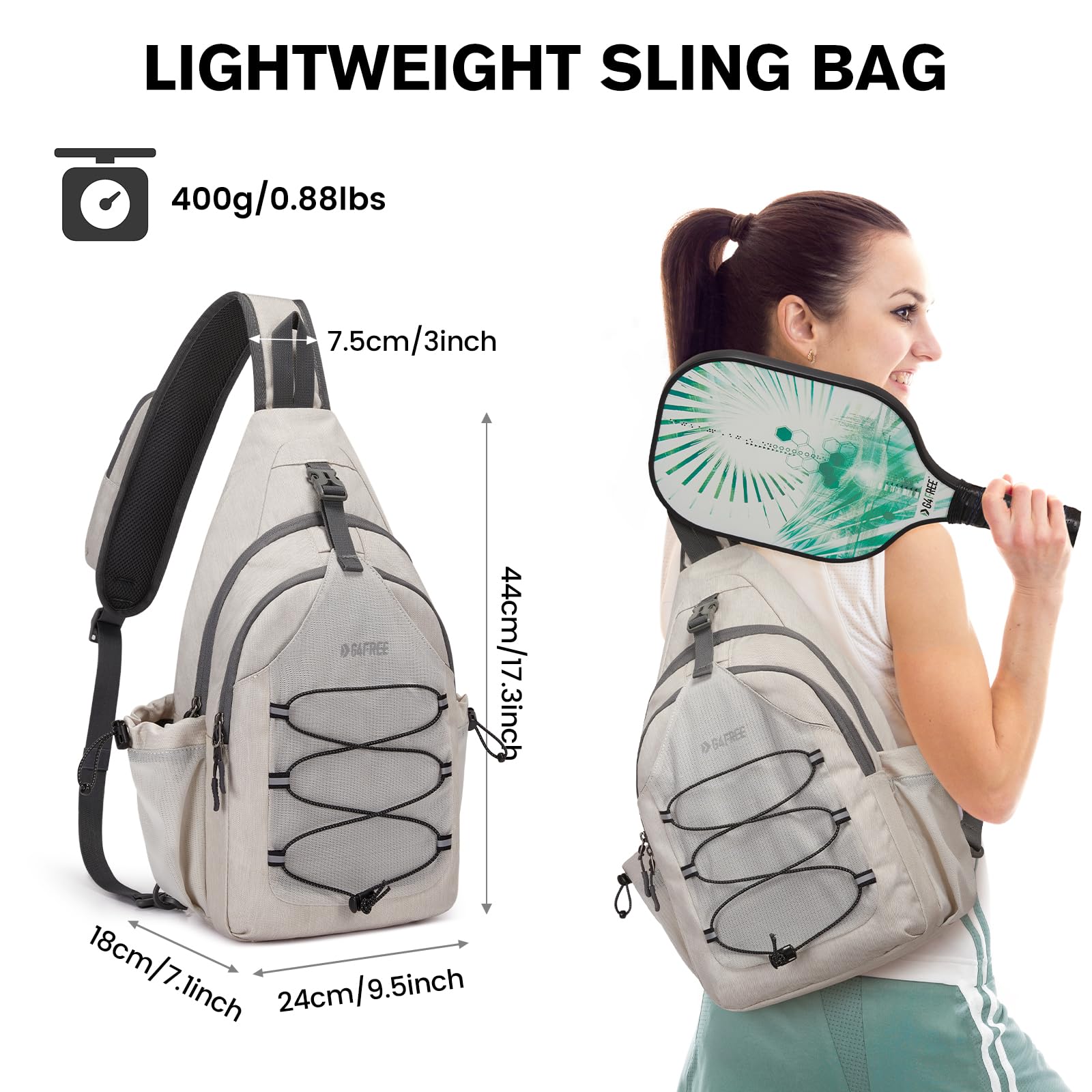 G4Free Sling Bag, Crossbody Pickleball Bag for Men Women, Lightweight Crossbody Chest Backpack for Sports, Travel, Ivory