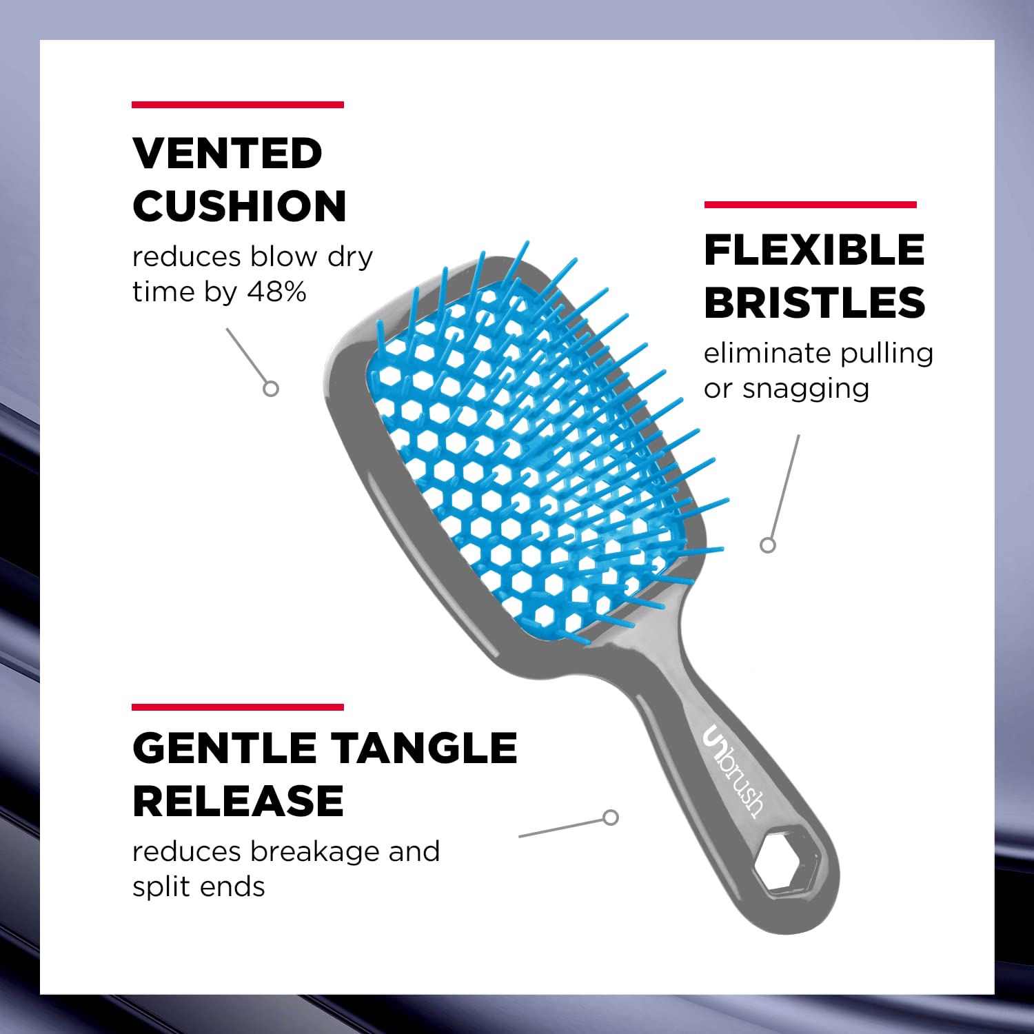 FHI Heat UNbrush Detangling Brush for Pain-Free Brushing on All Wet or Dry Hair Types — Durable DuoFlex Anti-Static Bristles, Lightweight Handle, Vented Hair Brush, Light Blue/Grey