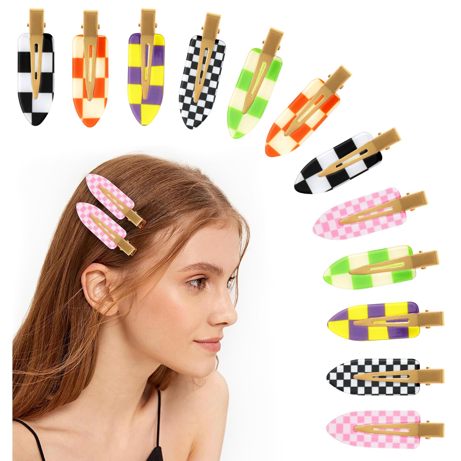 Checkered Hair Clips, 12Pcs No Bend Curl Pins, Multicolored Rectangle Y2K Hair Barrettes, Strong Hold Hair Accessories for Thin & Thick Hair