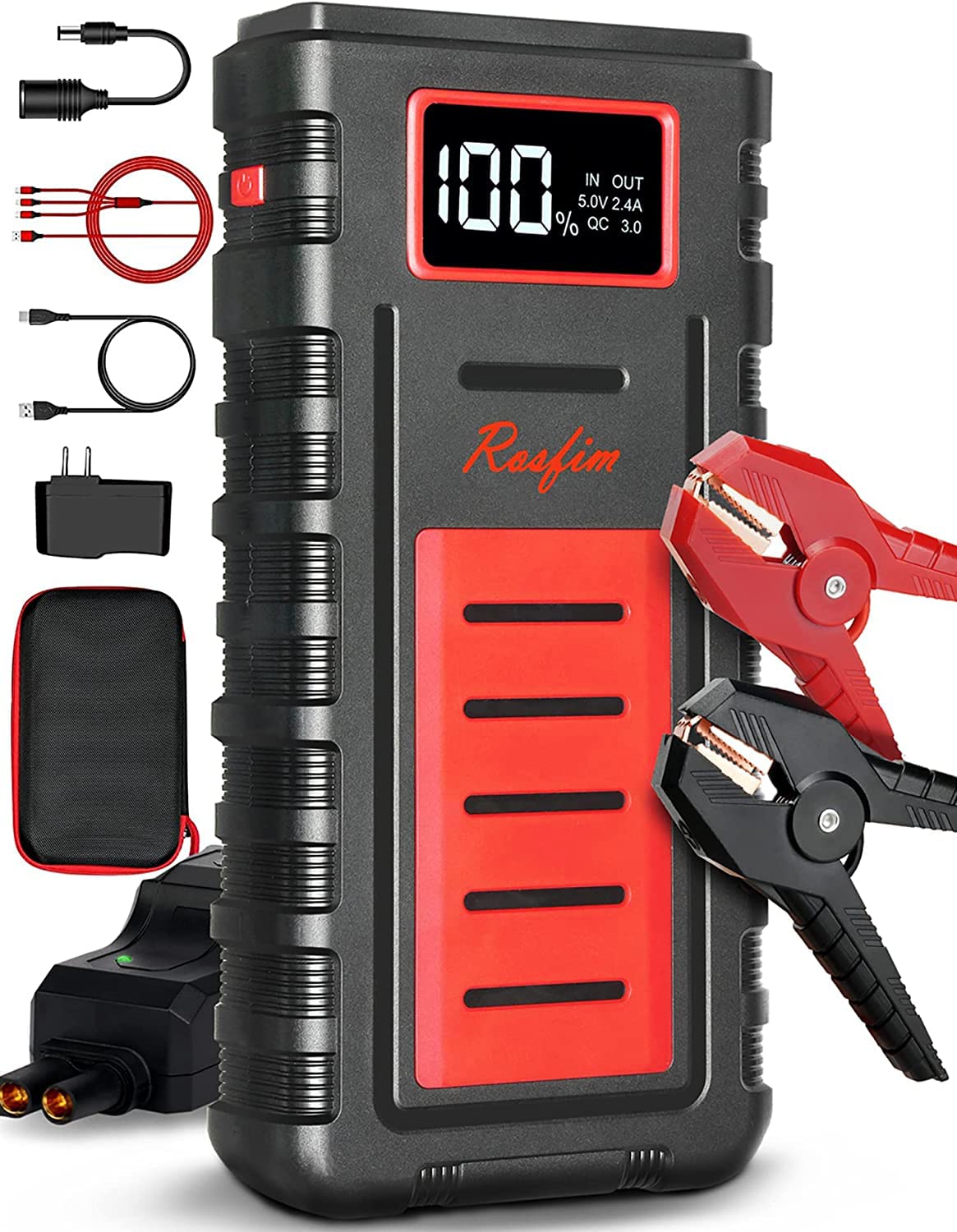 Portable Car Jump Starter, Rosfim 2000A Jump Starter Battery Pack for up to 8.5L Gas and 6.5L Diesel Engines,12V Auto Battery Booster, USB-C PD 65W Power Bank Charger with LCD Display