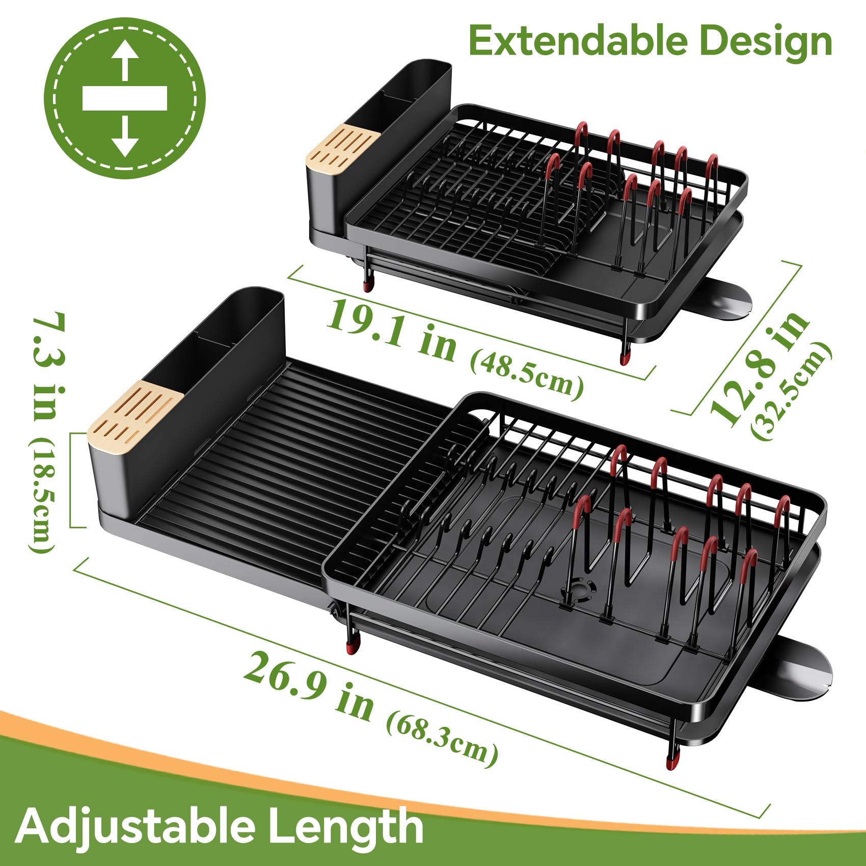 SNTD Large Dish Drying Rack - Extendable Dish Rack for Kitchen Counter, Stainless Steel Dish Drainer with Cup Holder and Cutlery Holder, Black